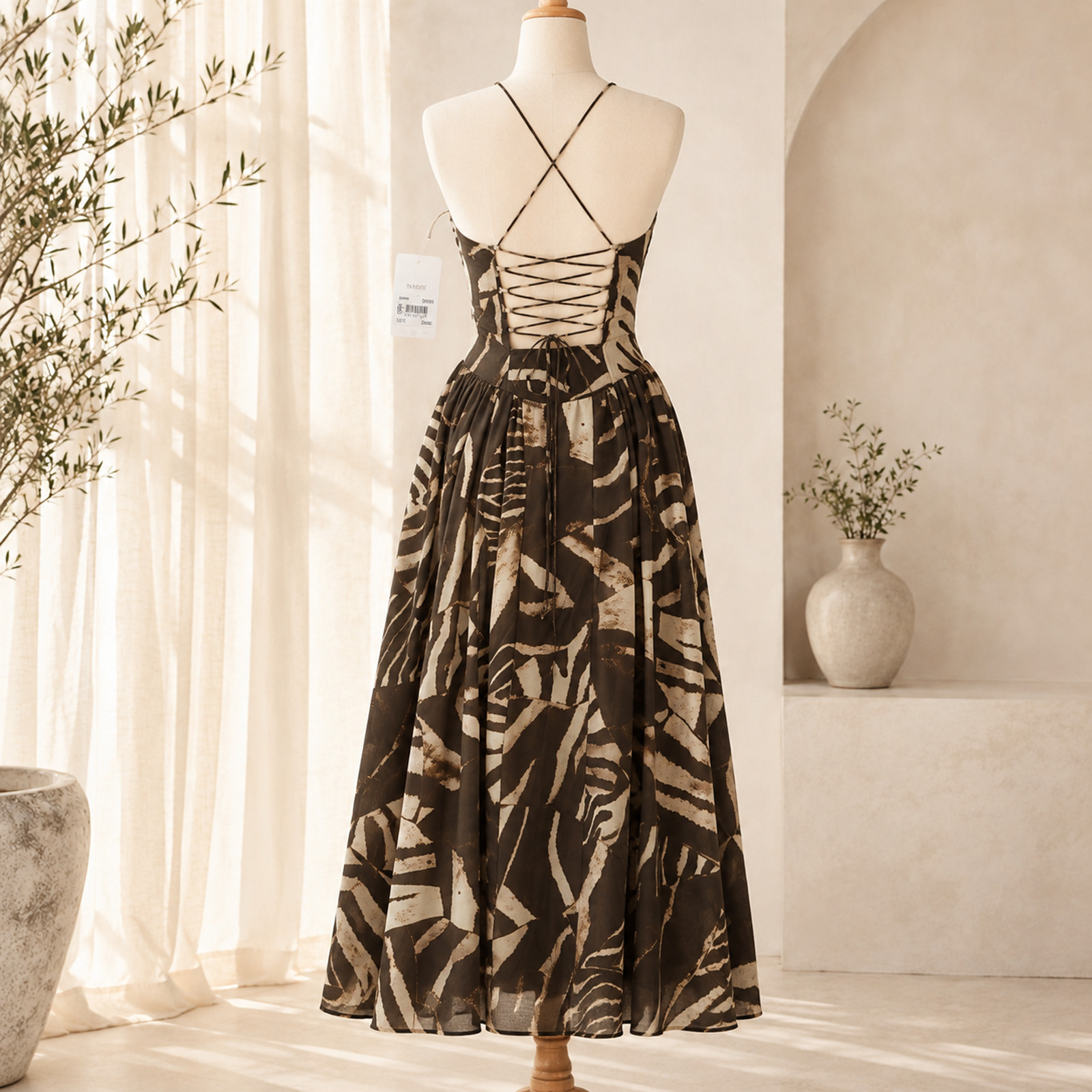 NWT Bardot Estie Printed Maxi Dress Brown Animal Sweetheart Lace Up Size 12