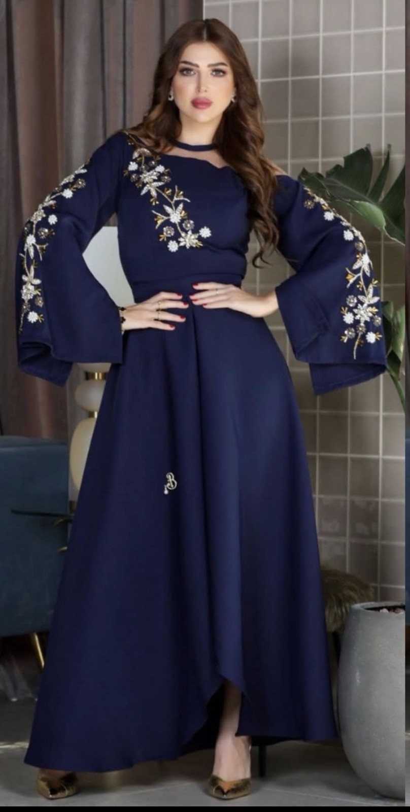 Women Solid Blue Beaded Embroidered Maxi Dress Size M Regular Long Bell Crew
