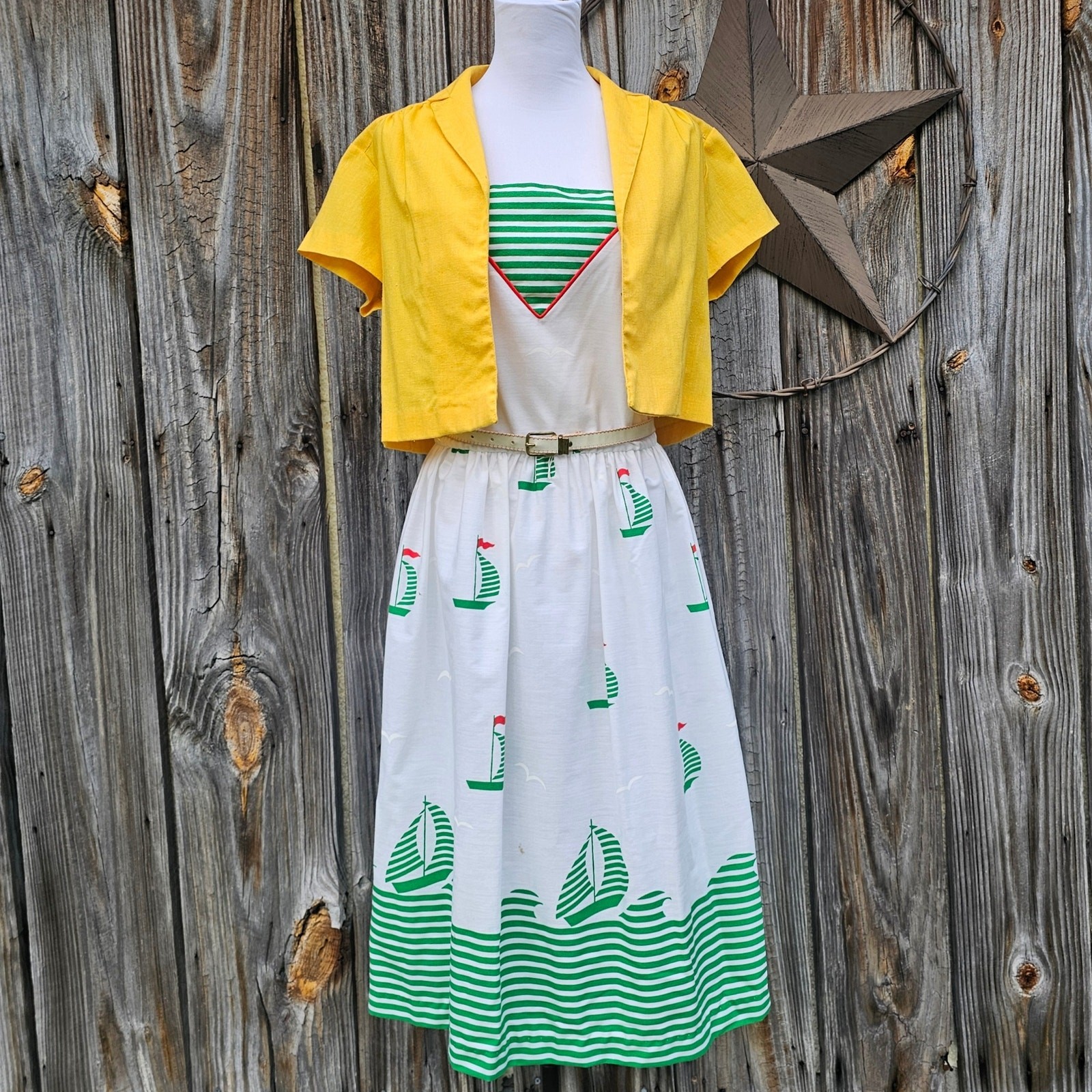 Sailboat Print Dress Green White Yellow Jacket Belt Jenni Size 8 Vintage VTG