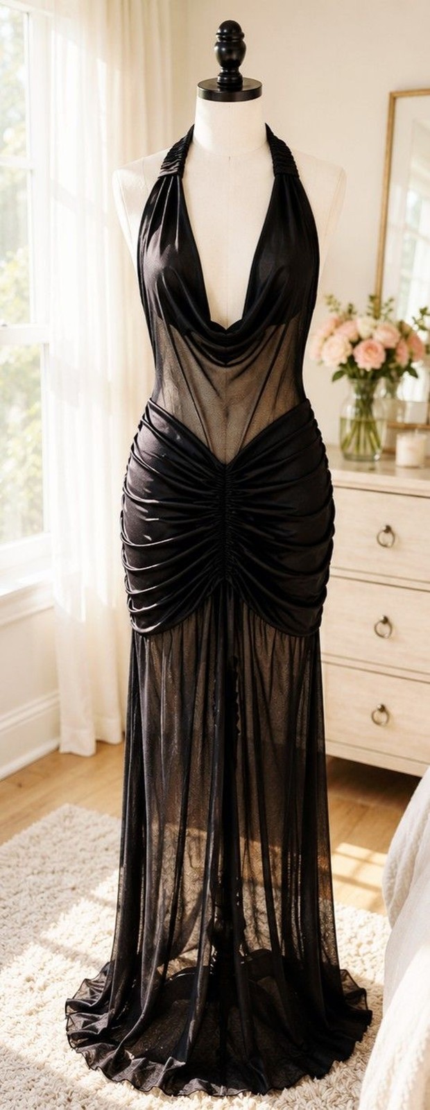 Women’s NWOT Black Sheer Mesh Halter Ruched Maxi Dress Medium