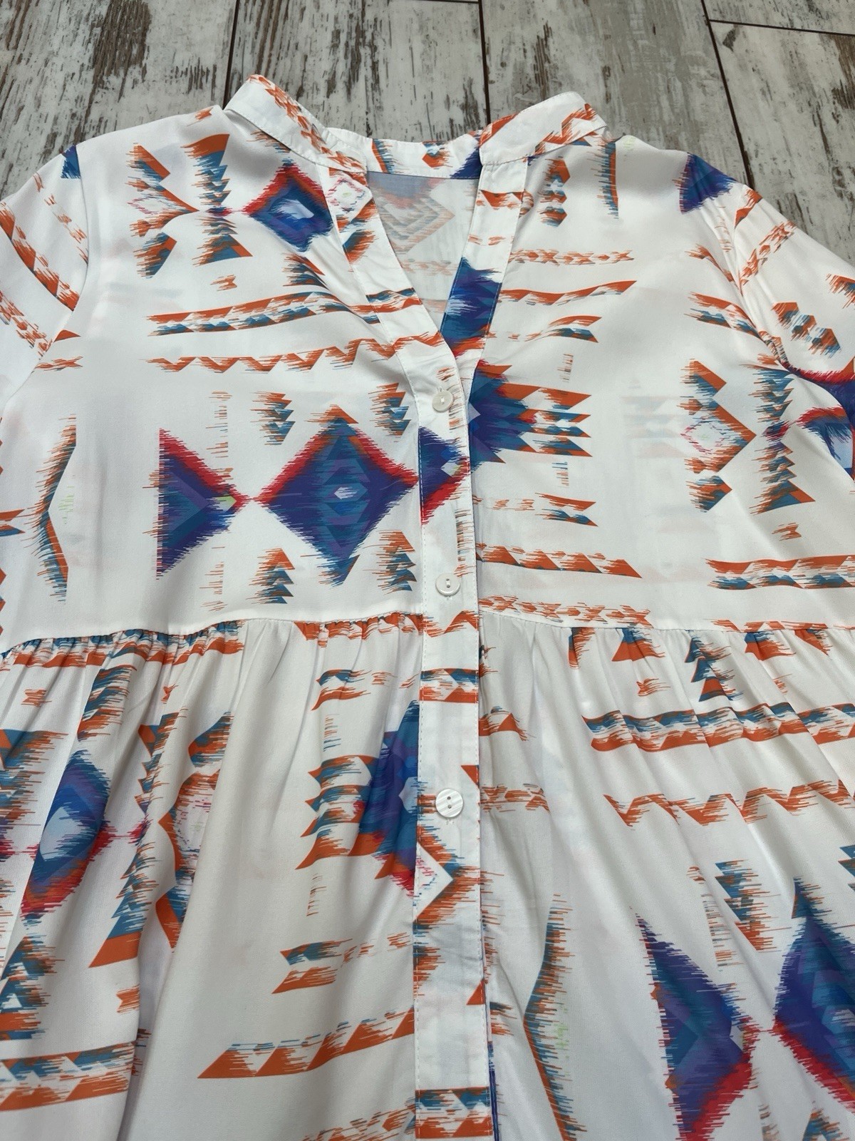 Boho Geometric Tribal Print Tiered Dress V-Neck Bell Sleeve Womens Medium NWOT