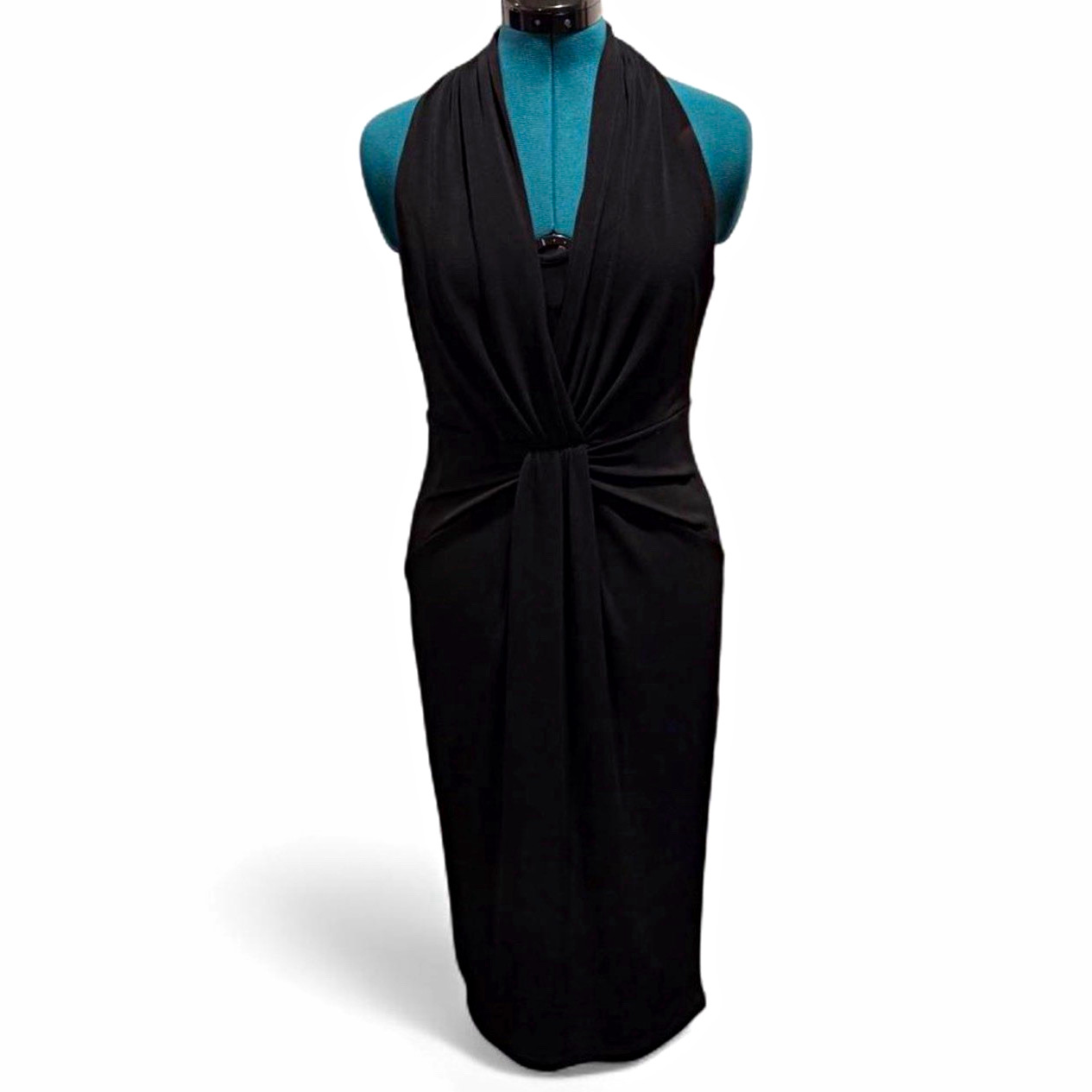 Anne Klein Women’s Black Solid V-Neck Sleeveless Knot Front Midi Dress 4