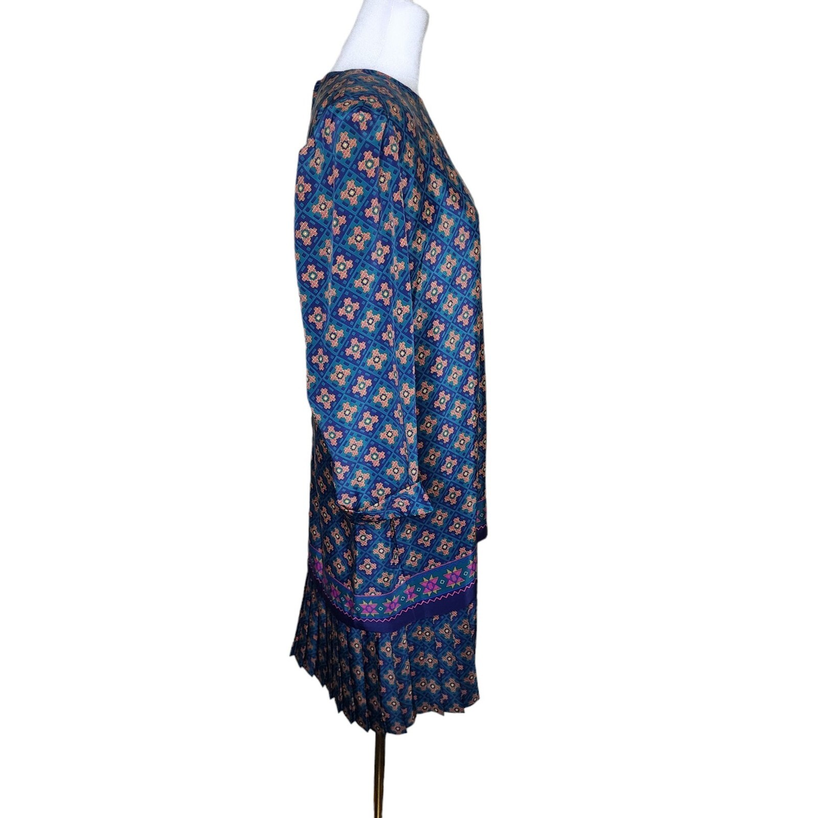 Vintage 80s Drop Waist Pleated Dress Fleur de Lis Womens 10 Green Blue