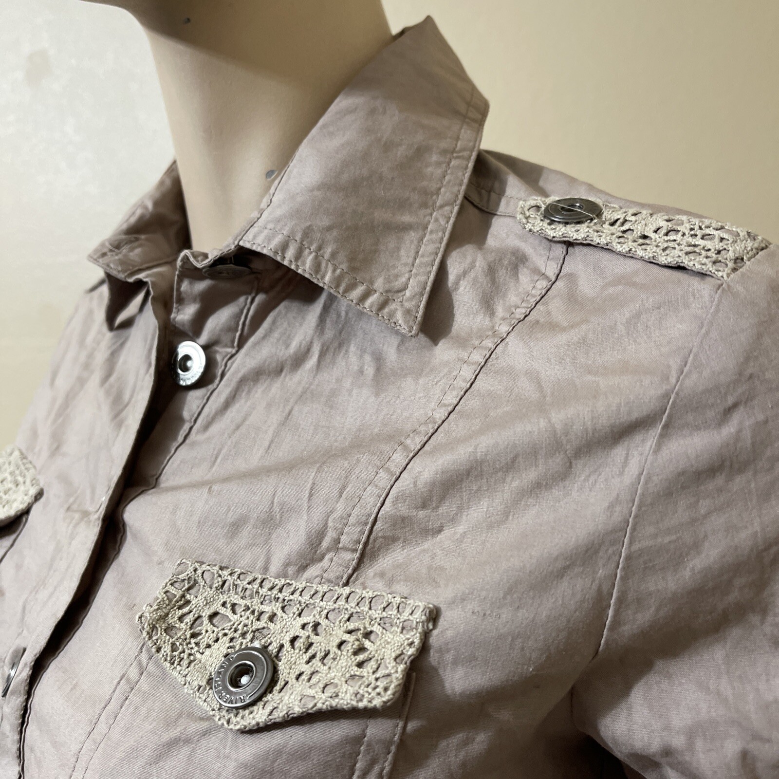 Women’s Beige Cotton Casual Collared Belted Lace Pickets Size S Button-up Dress