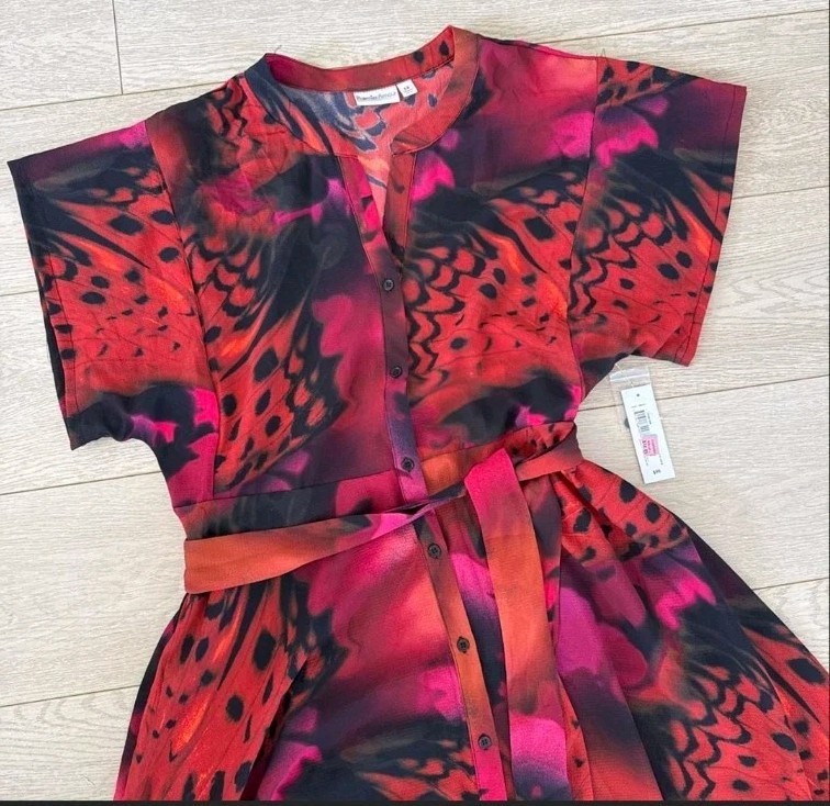 Premier Amour Short Sleeve Button-up Maxi Dress in Black Red Butterfly Print 12