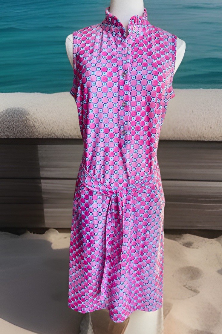 Pappagallo Tess Ruffle Neck Midi Dress. Button Up geometric pink, Belted Sz 4