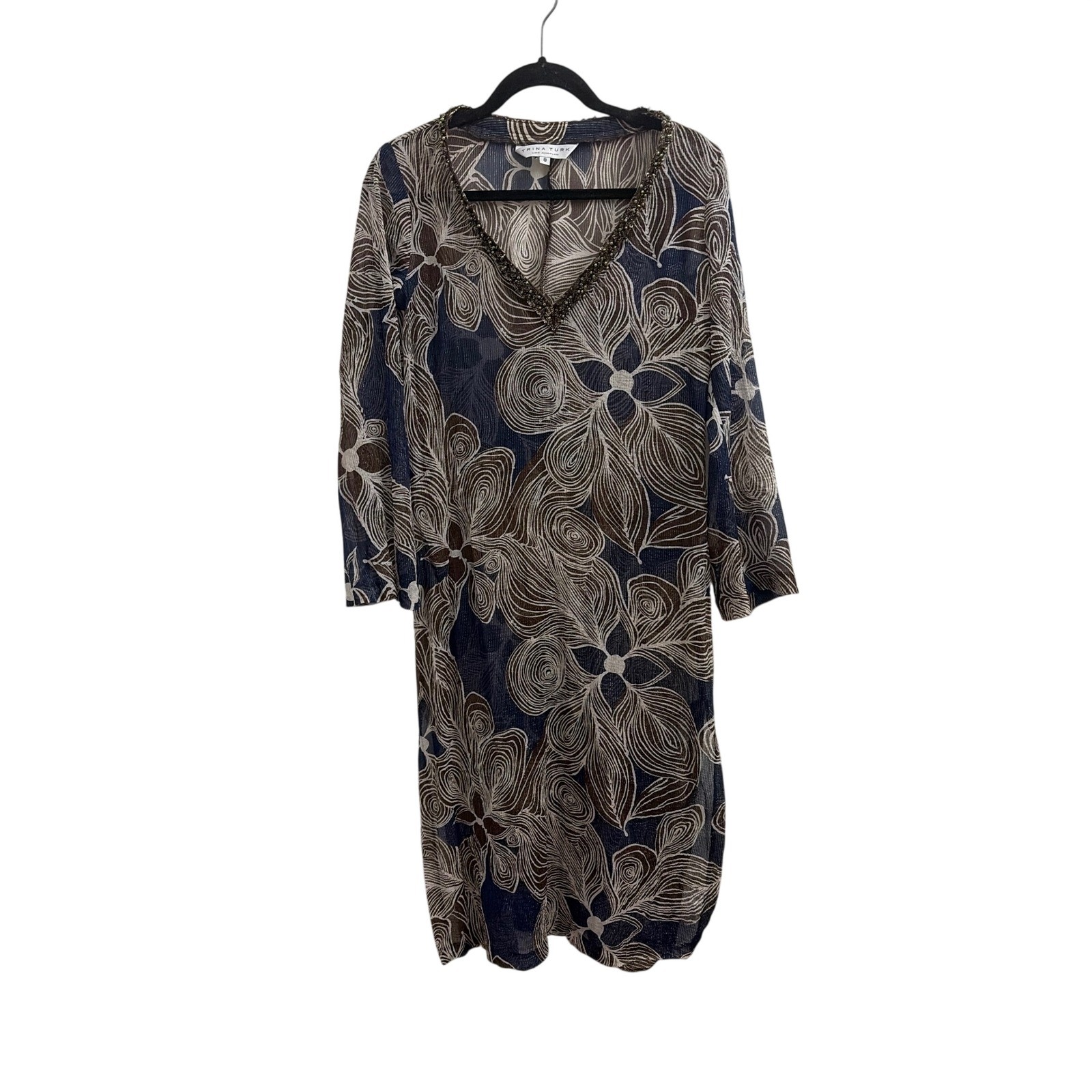 Silk Dress Floral Boho Trina Turk Womens 8 Blue Brown Beaded V-Neck Bell Sleeve
