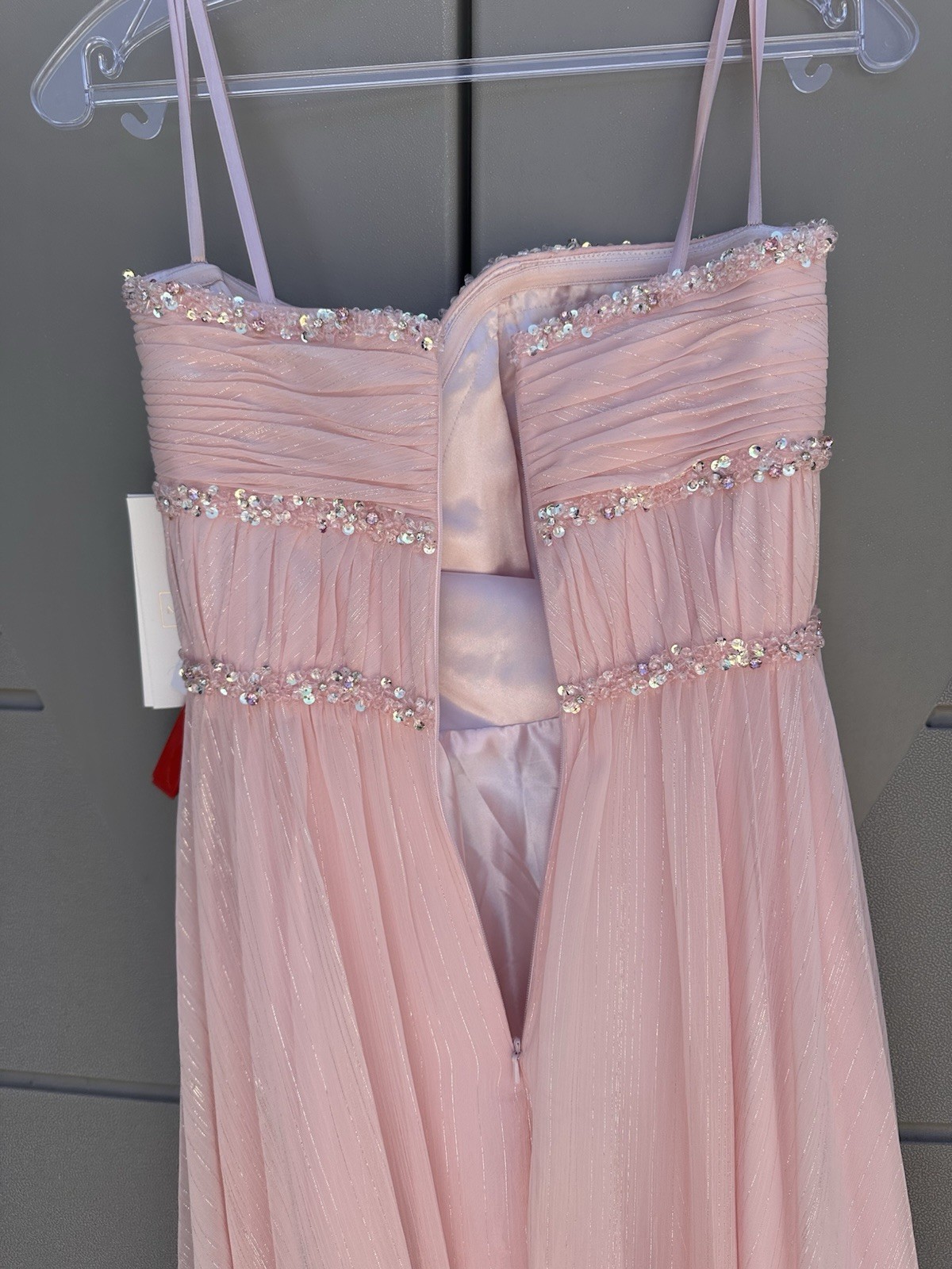 Mac Duggal Strapless Beaded Ruffle High Low Prom Gown in Ice Pink Sz 6 Princess