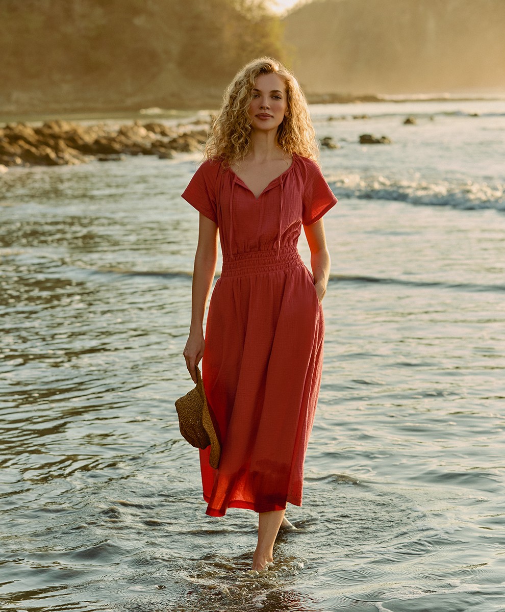 Pact Women’s Coastal Double Gauze Boho Midi Dress X-Large Kumquat Color