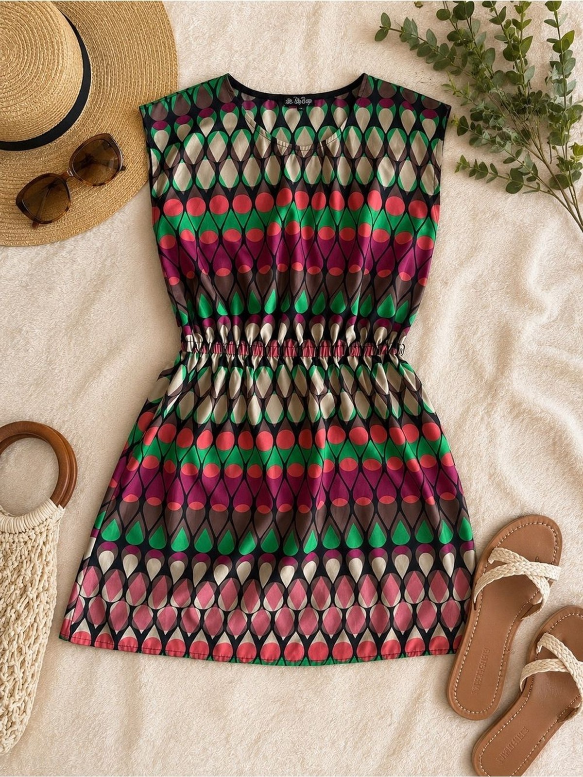 BeBop Retro Geometric Print Dress Women’s Large Elastic Waist Missing Belt