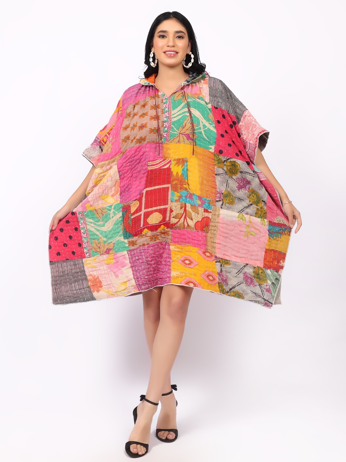 Women’s Kantha Fabric Hooded Oversized Poncho Top Pocket Dress Wholesale Mix lot