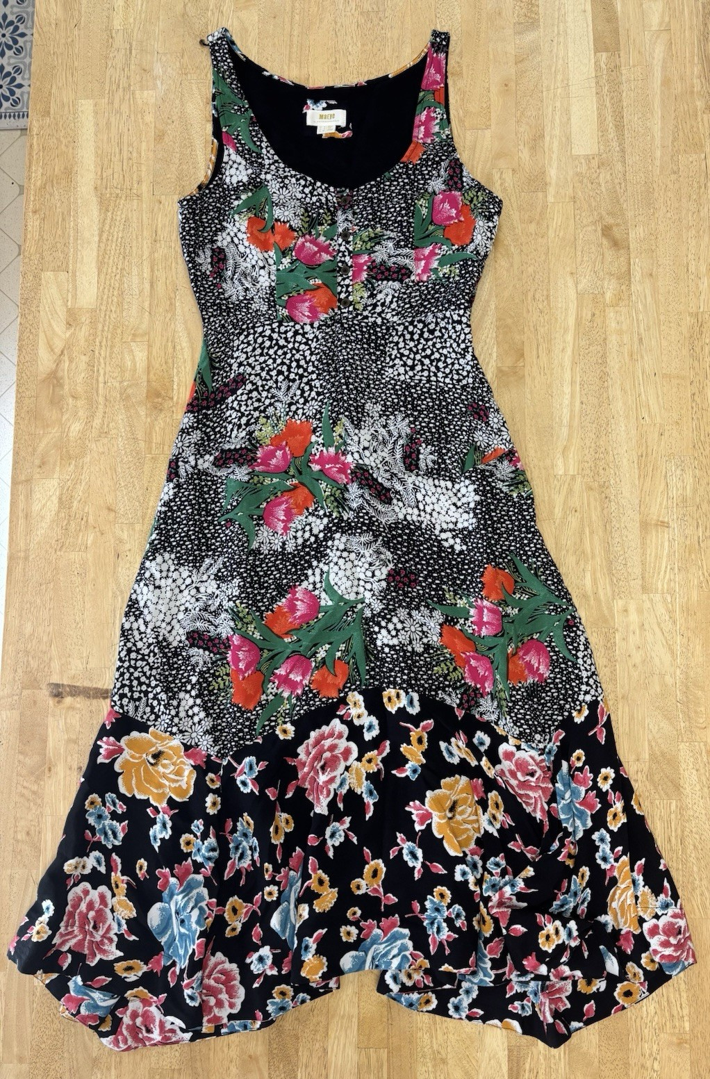 Anthropologie Maeve Violette Mixed Floral Midi Dress Black Asymmetric Boho Vtg 2