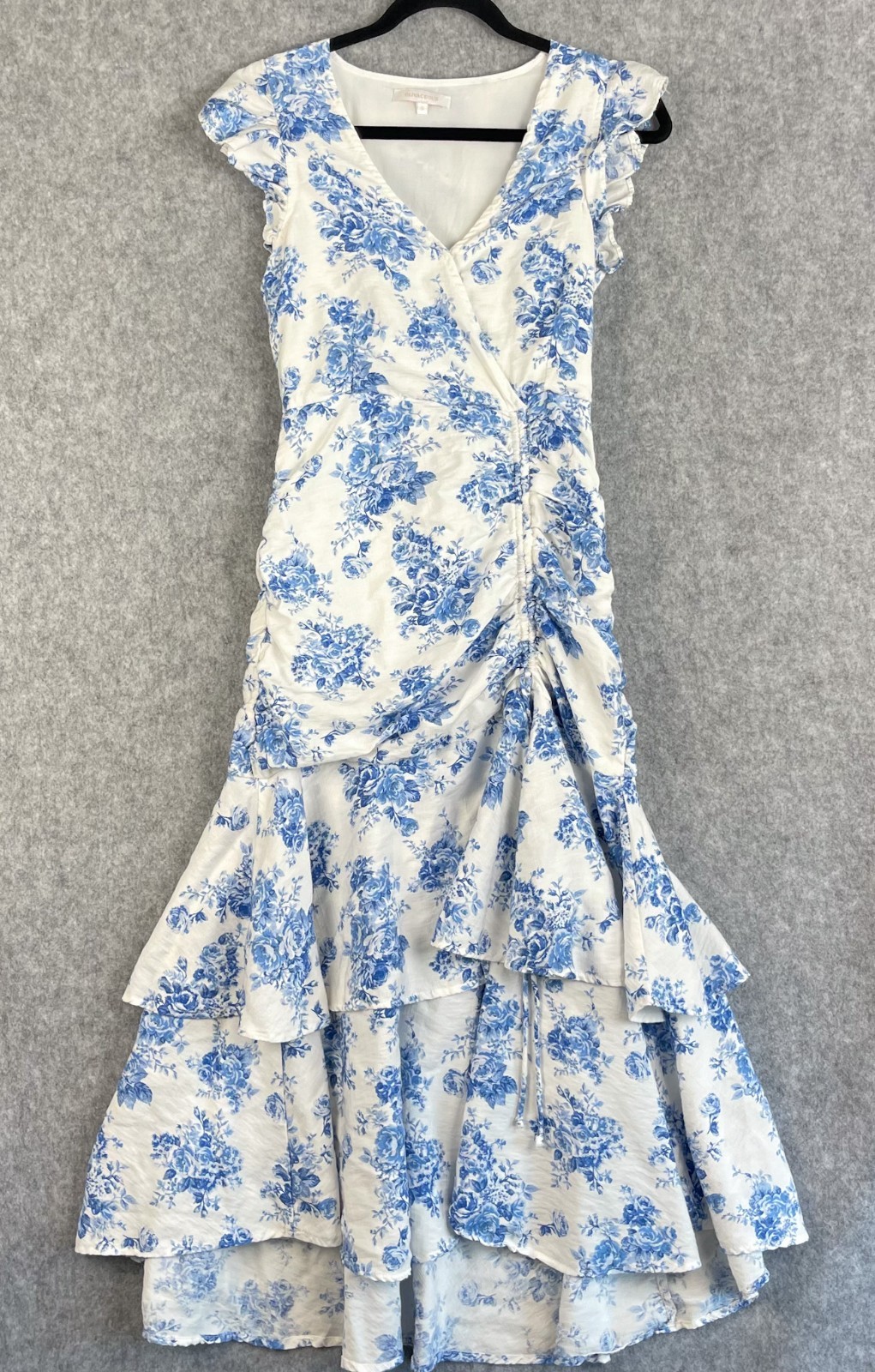 Olivaceous Tiered Dress Womens Small Blue Floral Ruffle Ruched Cottage Romantic