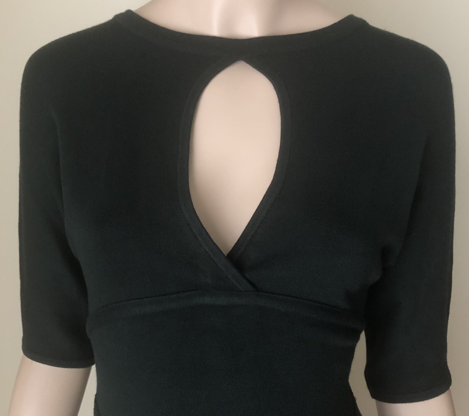 BEBE Half Sleeve Bodycon Sweater Dress Sz S Keyhole Bodice Dark Green Near Black