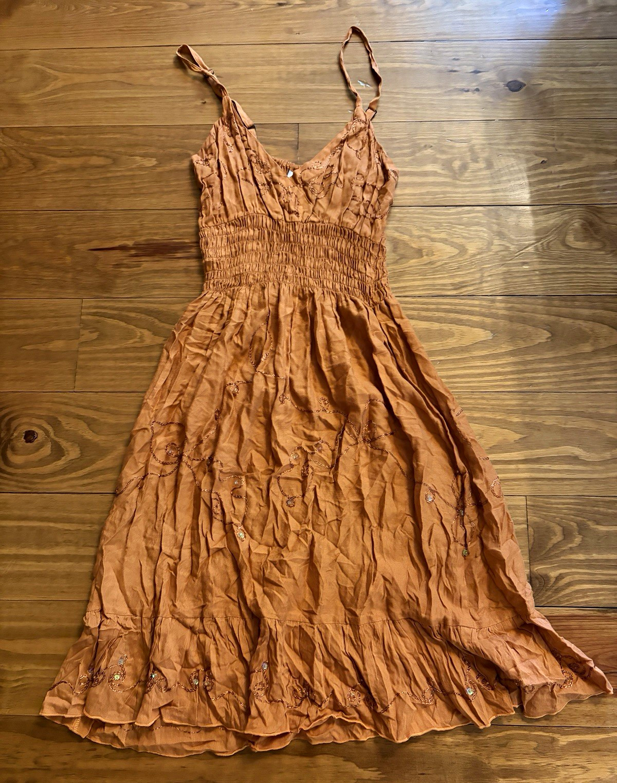 Island Planet Burnt Orange Smocked Spaghetti Strap V-Neck Midi Sundress Size S