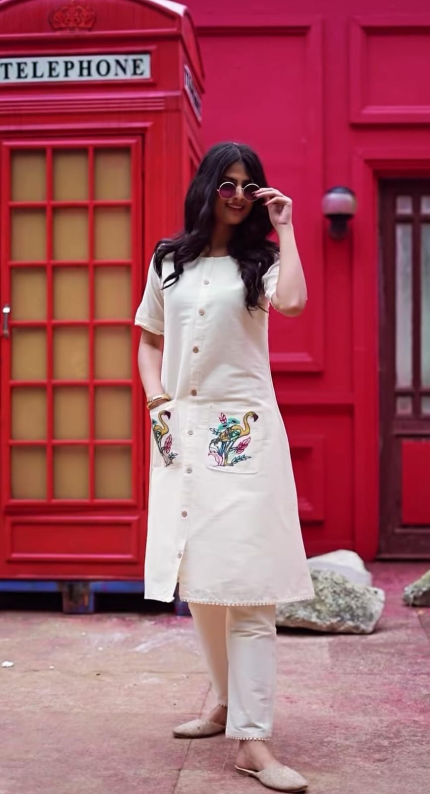 Women White Cotton Flex A-Line Kurta Pant Set Embroidered Pocket Festive Wear