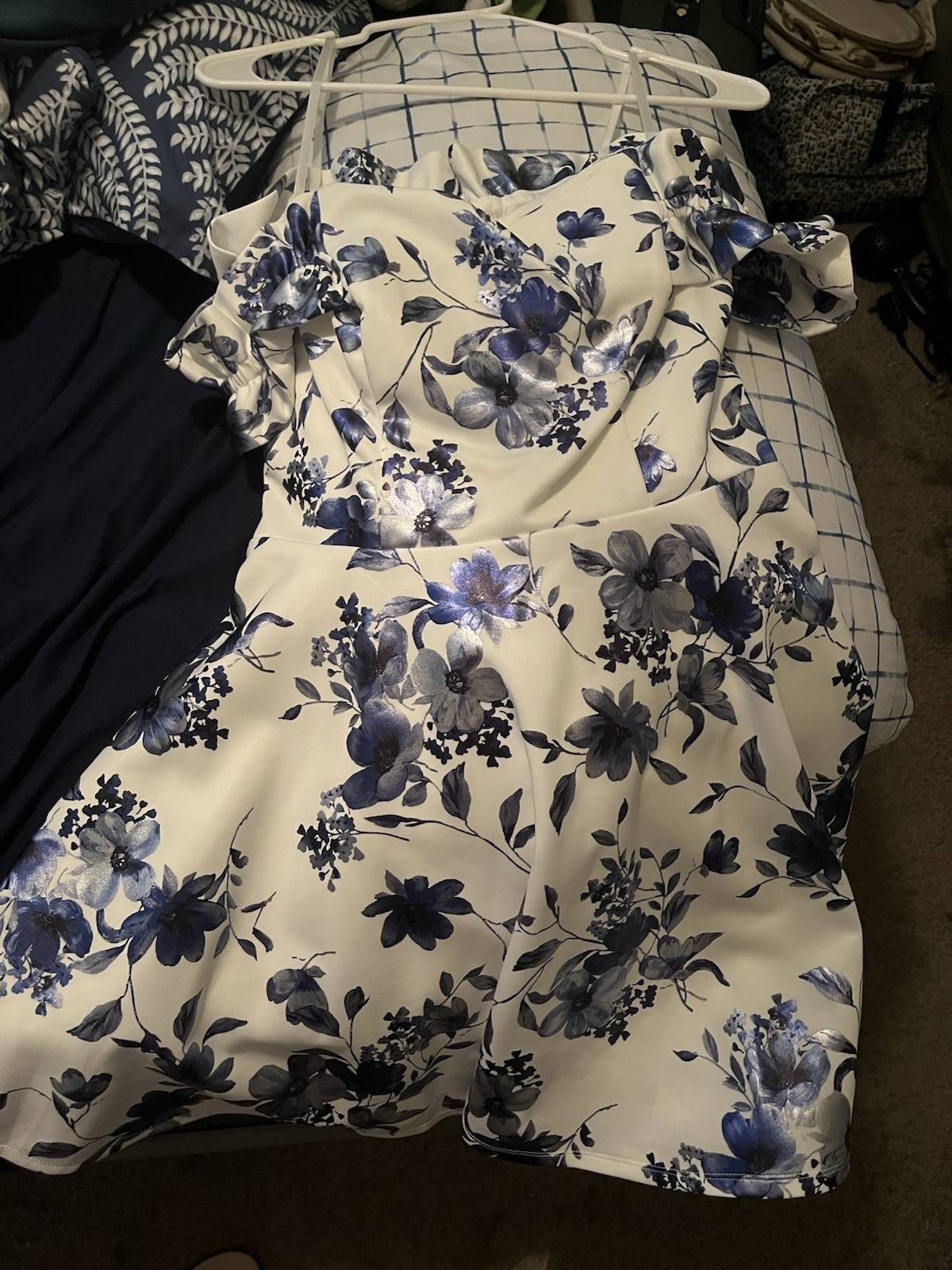 Women’s White/Blue Floral Square Neck Puff Sleeve Ruffle Zip Fit & Flare