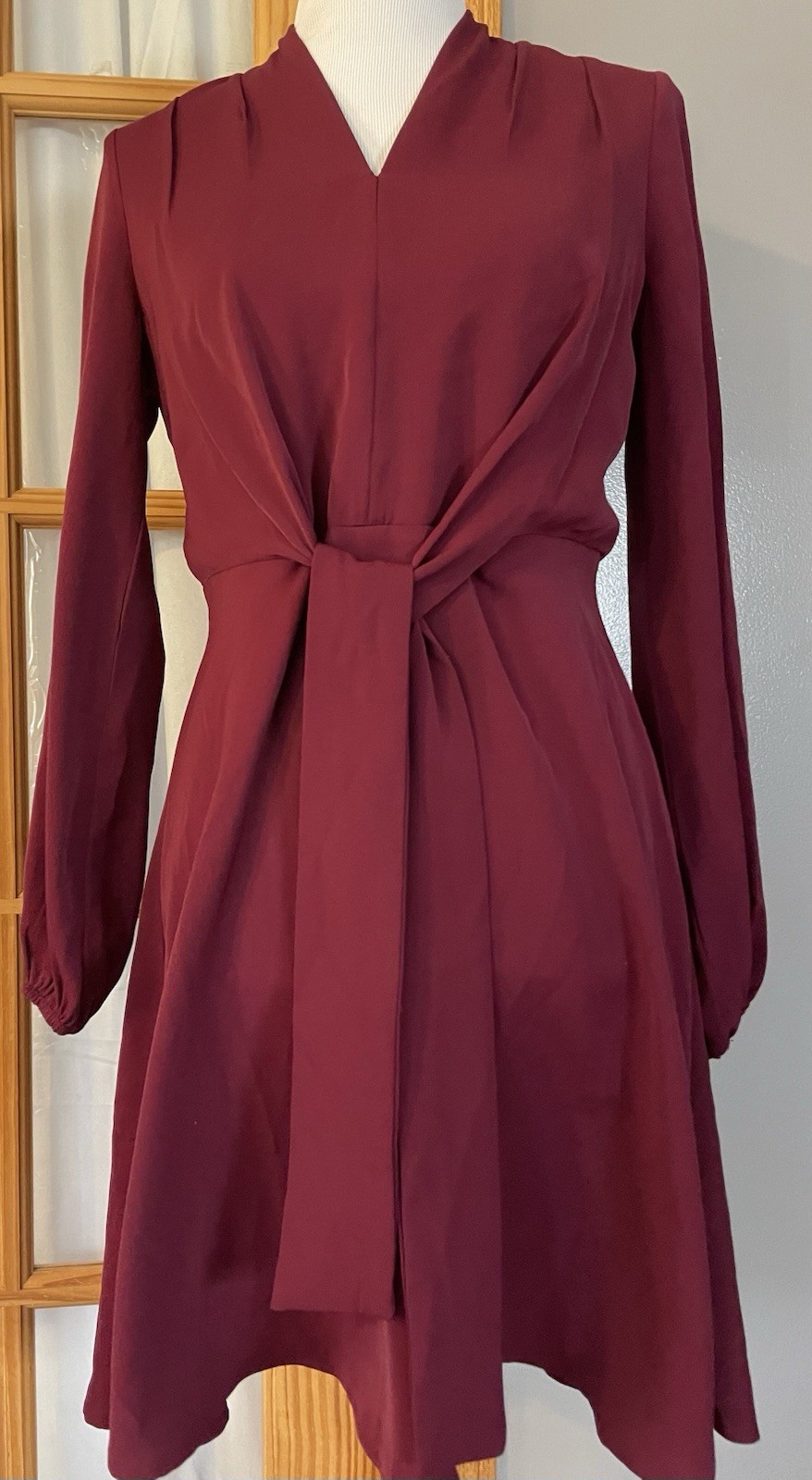 90s DKNY Dress Womens 2 Front Drape Tie Burgundy Party Classic City Wedding