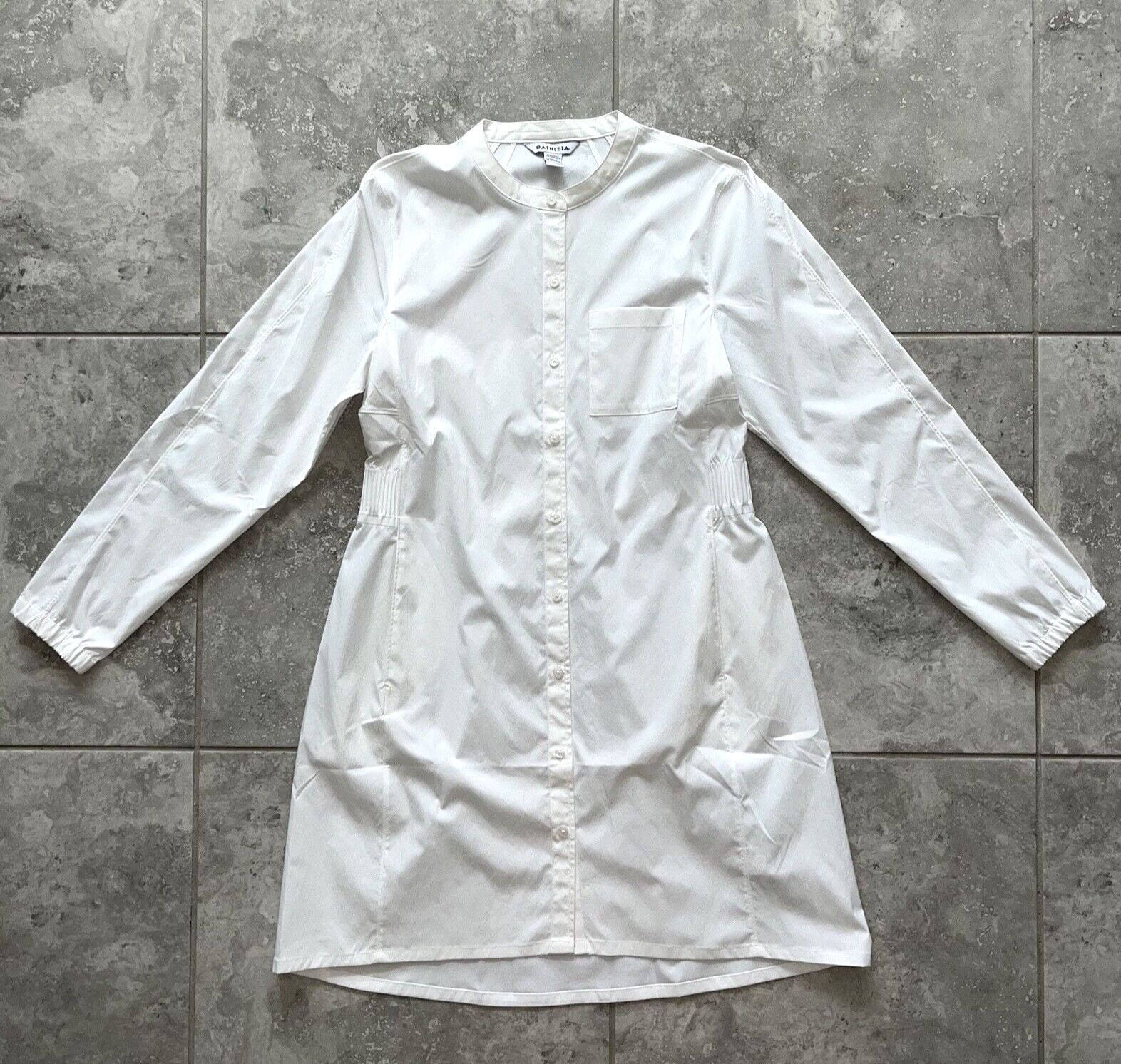 Athleta White Long Sleeve Button Shirt Dress Midi Cinched Waist Pocket M New
