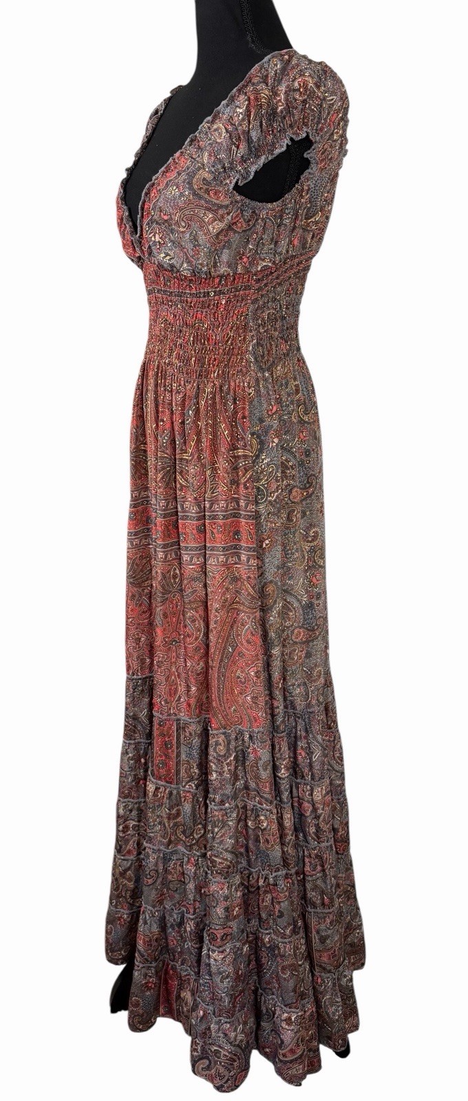 Cienna Womens Smocked Waist Tiered Maxi Dress Medium Silk Blend Flowy Boho