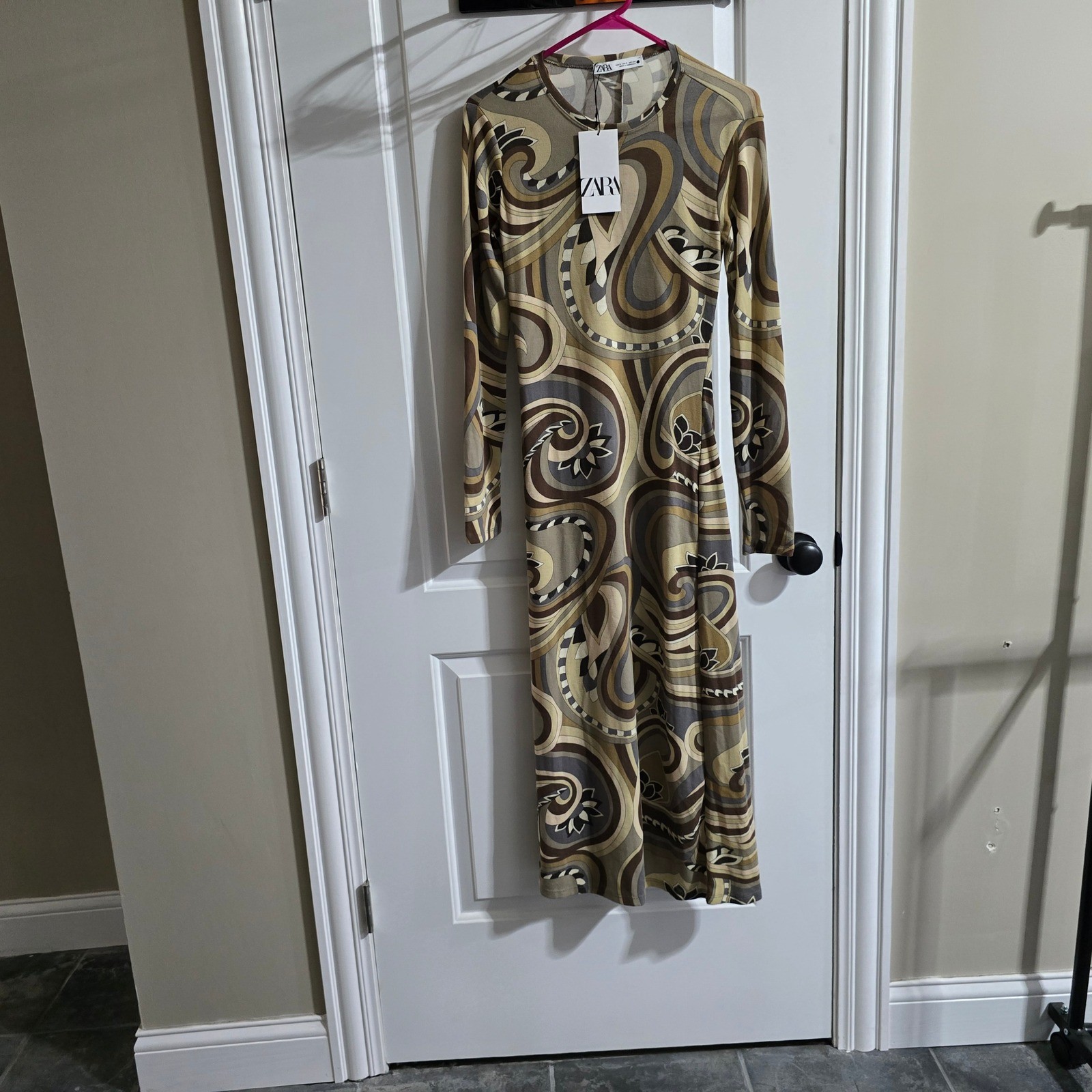 new Zara Dress Womens Small Brown Tan Swirl Print Long Sleeve Retro Stretch
