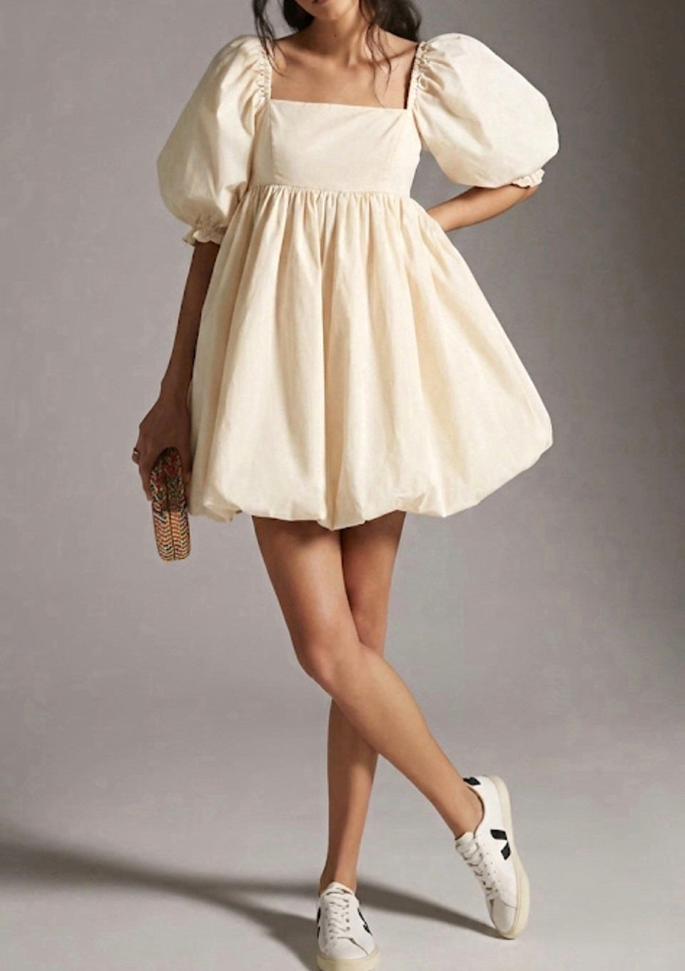 Ivory Cotton Solid Babydoll Mini Dress Ruched Square Neck Puff Sleeve Zip xxl