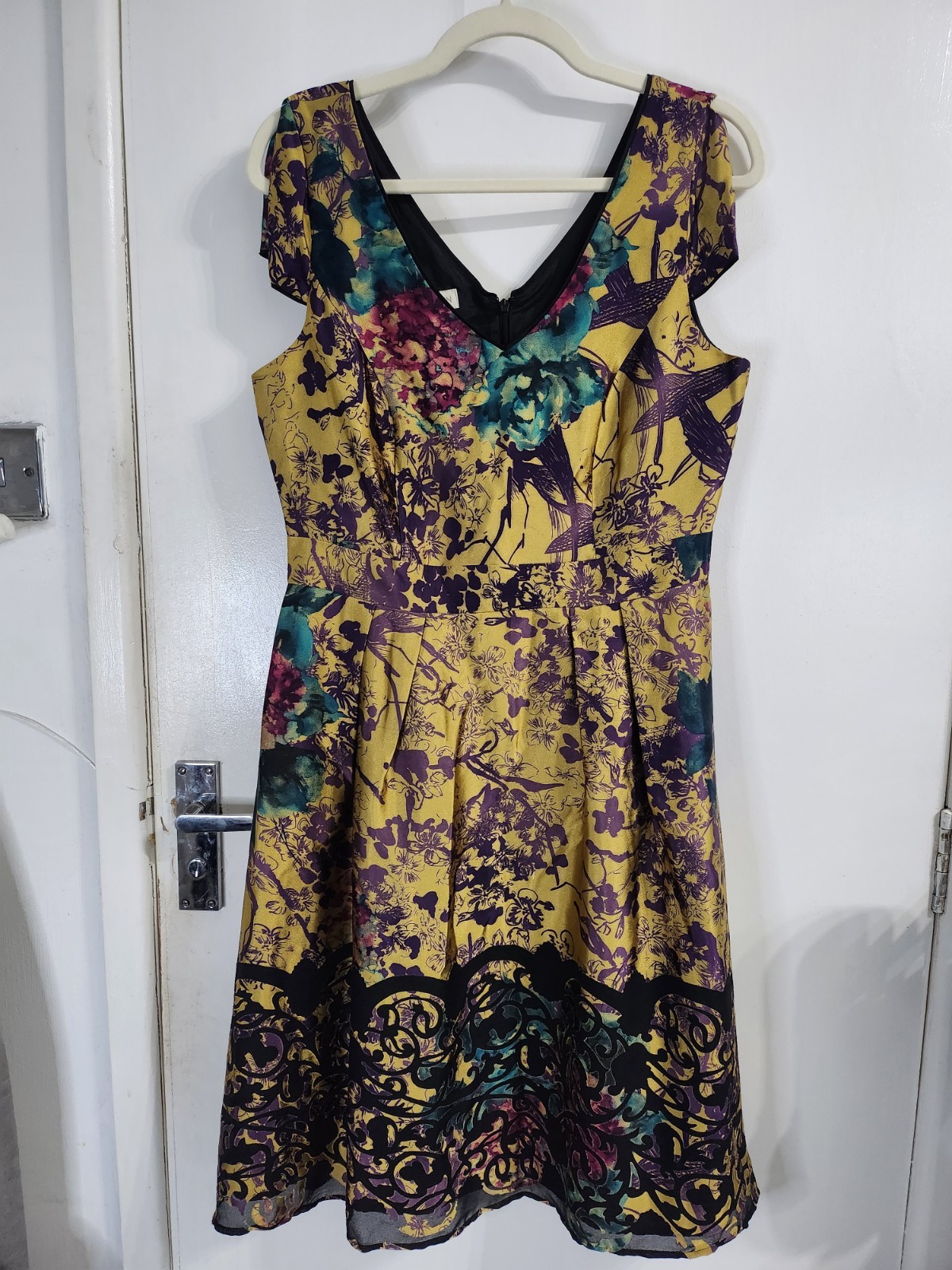 MONSOON “CHARLOTTE” Gold Purple Floral Fit Flare Special Occasion Dress Size 12