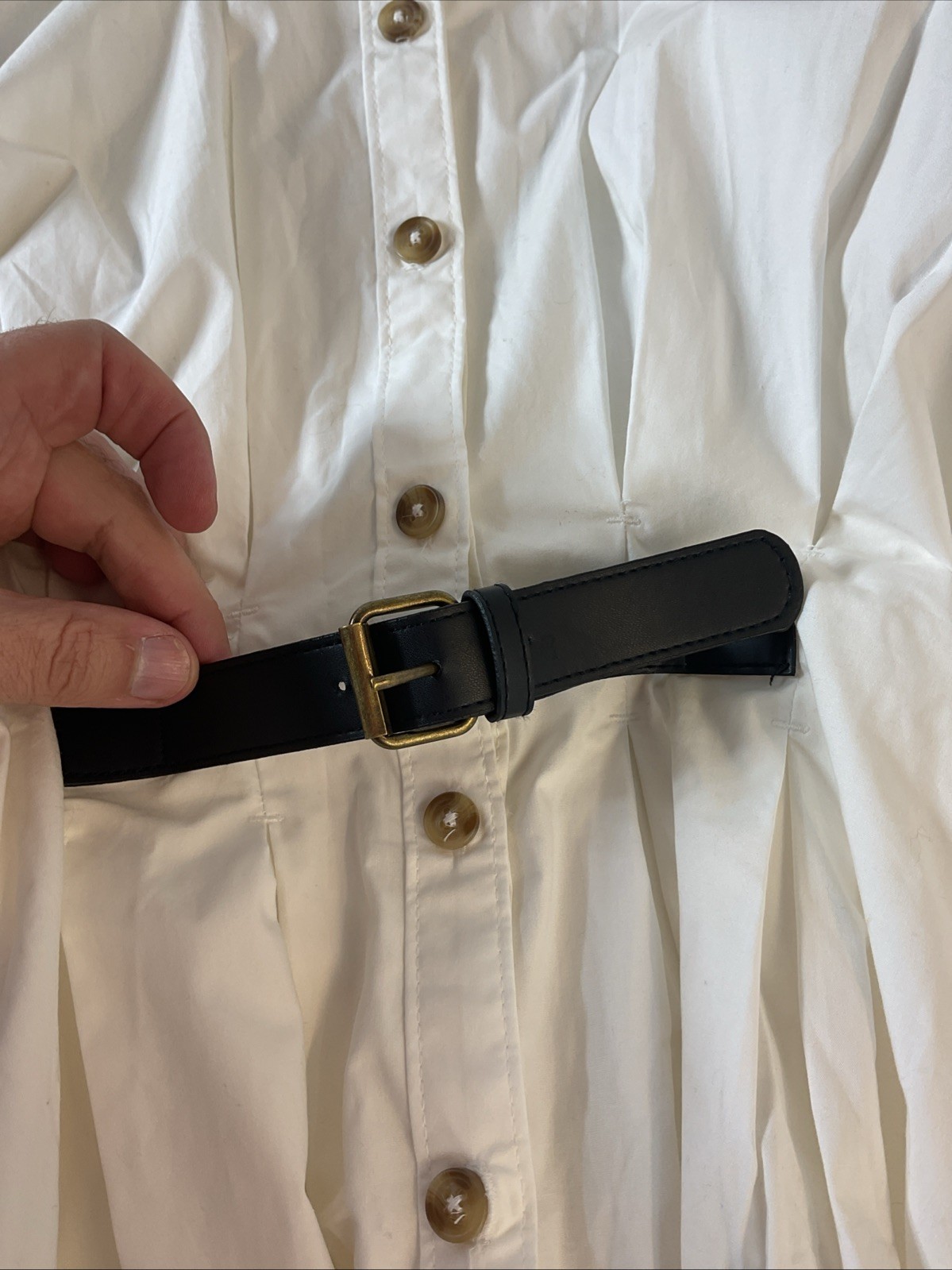 Anthropologie Mini Pleated Buckle Cotton Shirt Dress Button Up Long Sleeve sz 12