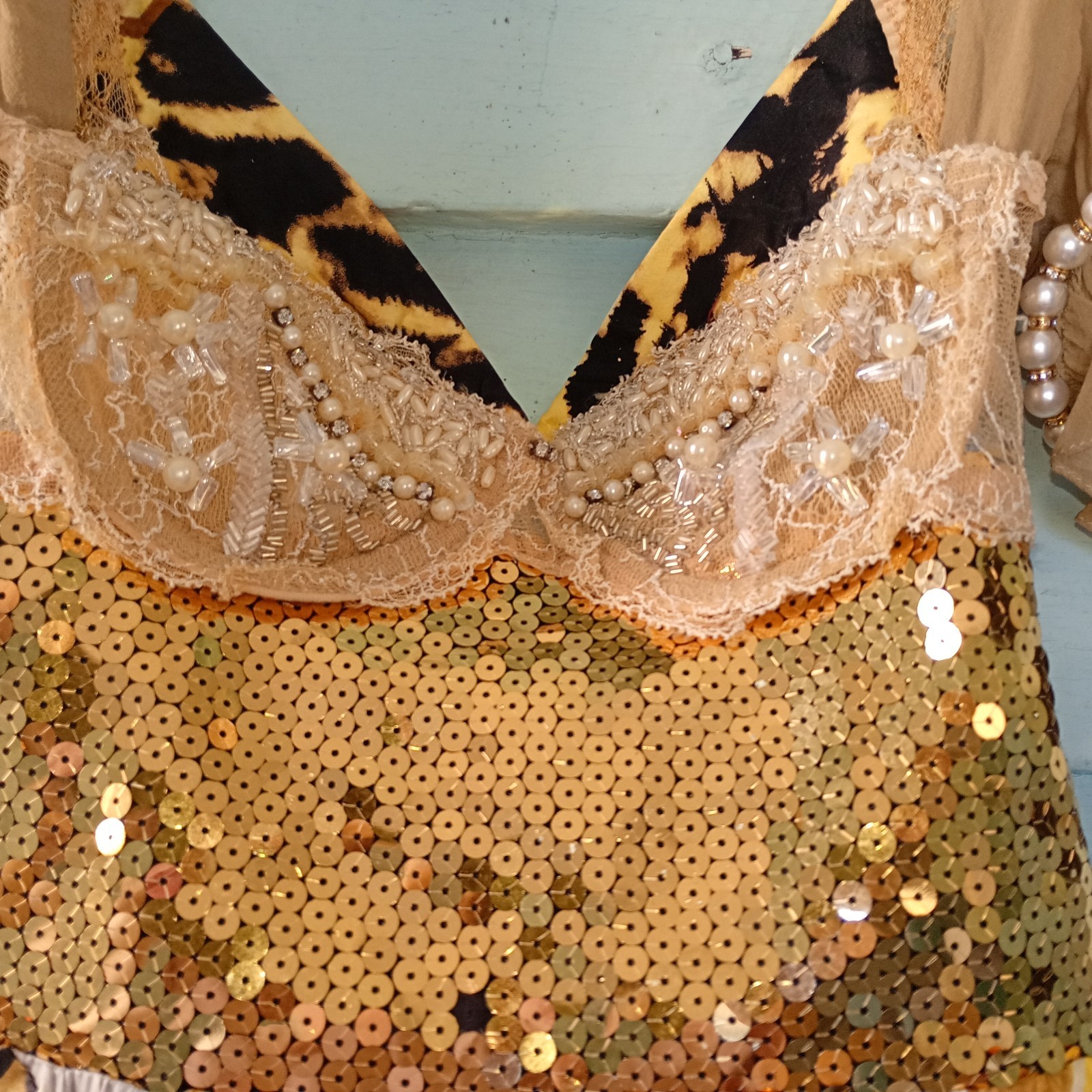 Vintage Dolce & Gabbana embellished bra sequin chain print runway dress