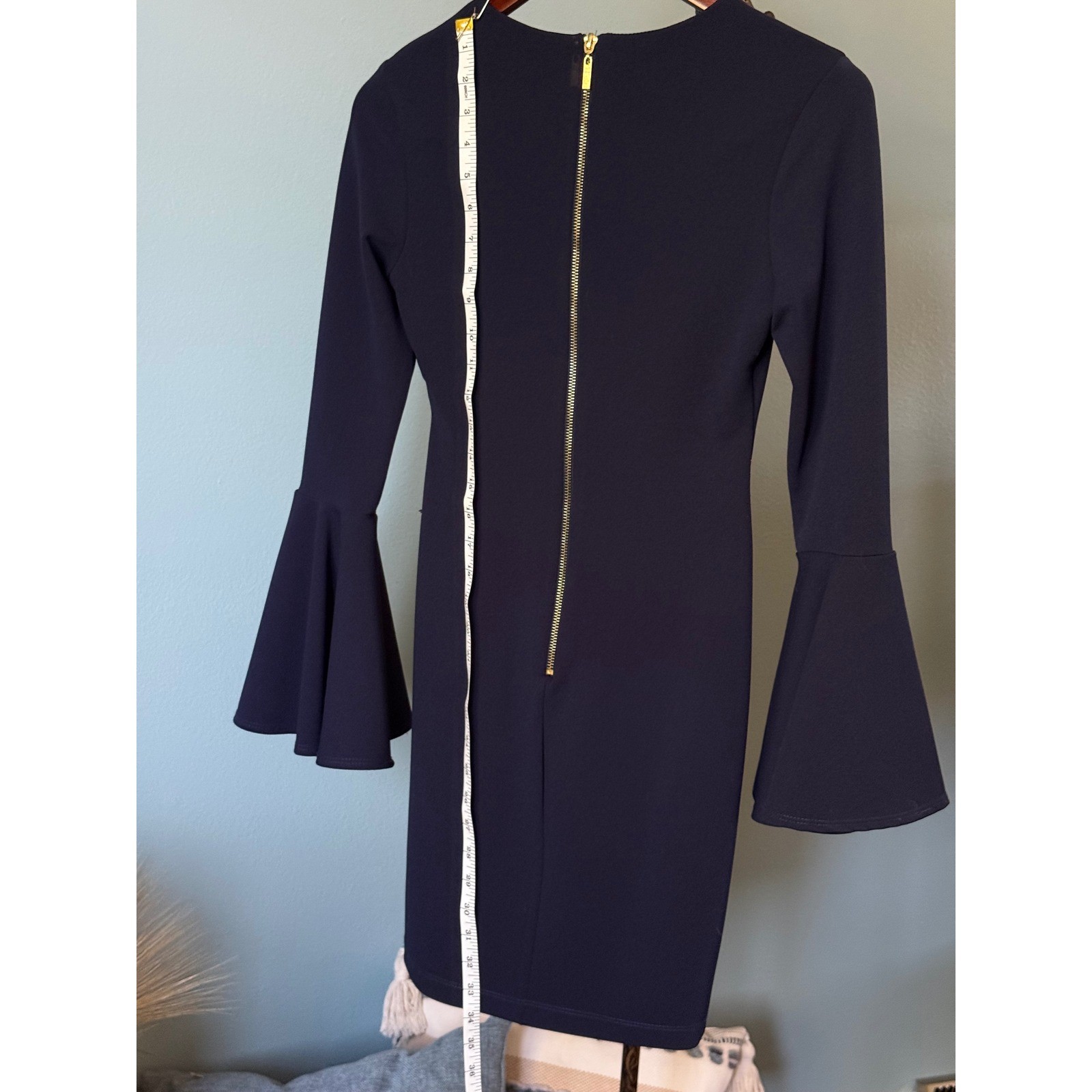 Navy Bell-Sleeve Fitted Dress Gold Accent Zip Mini Date Night Wedding Guest M