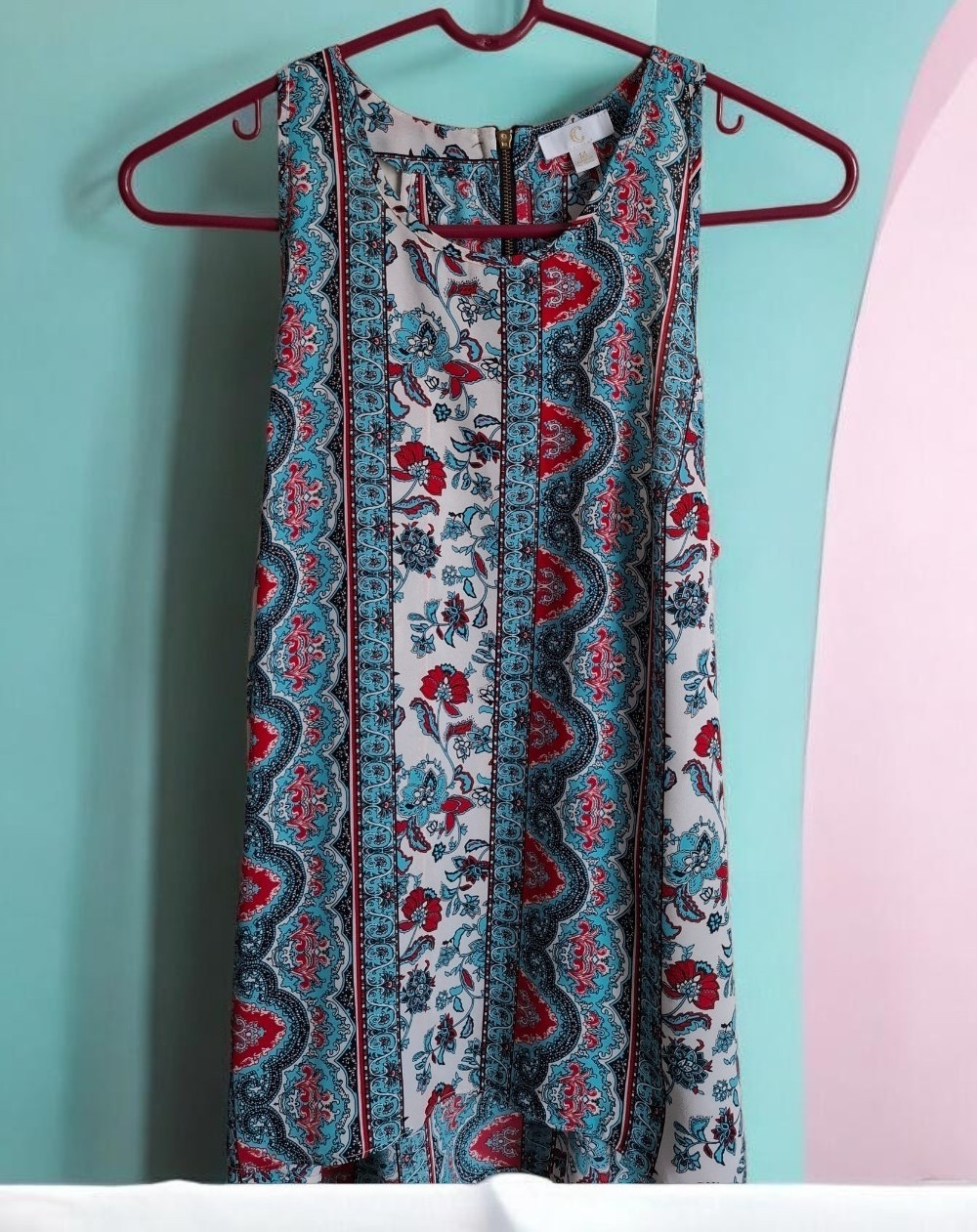 C Turquoise White Red Paisley Shirt Dress Sleeveless Round Neck Zip Short M