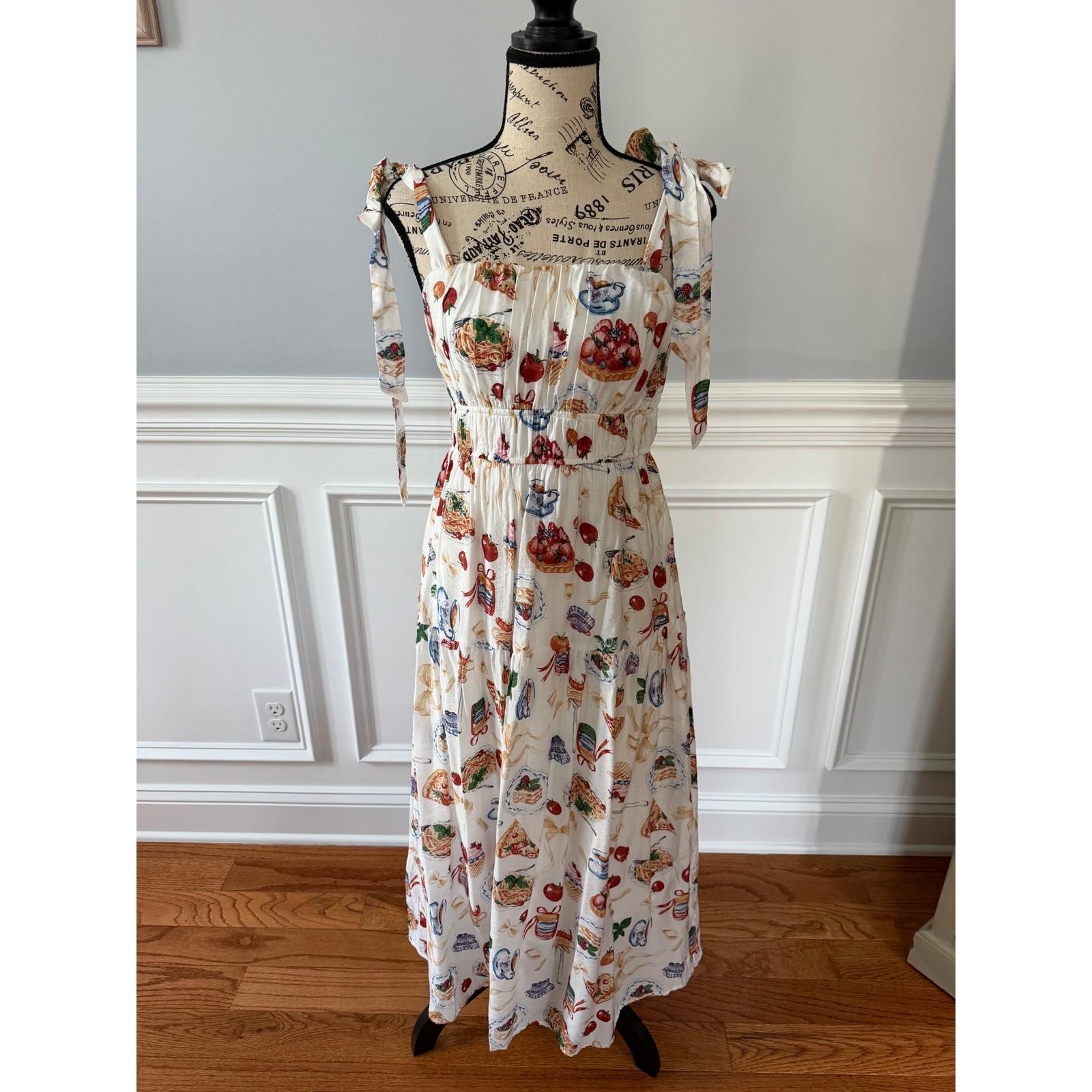 By the River Picnic Print Tie Strap Maxi Dress | Size Medium | NWT