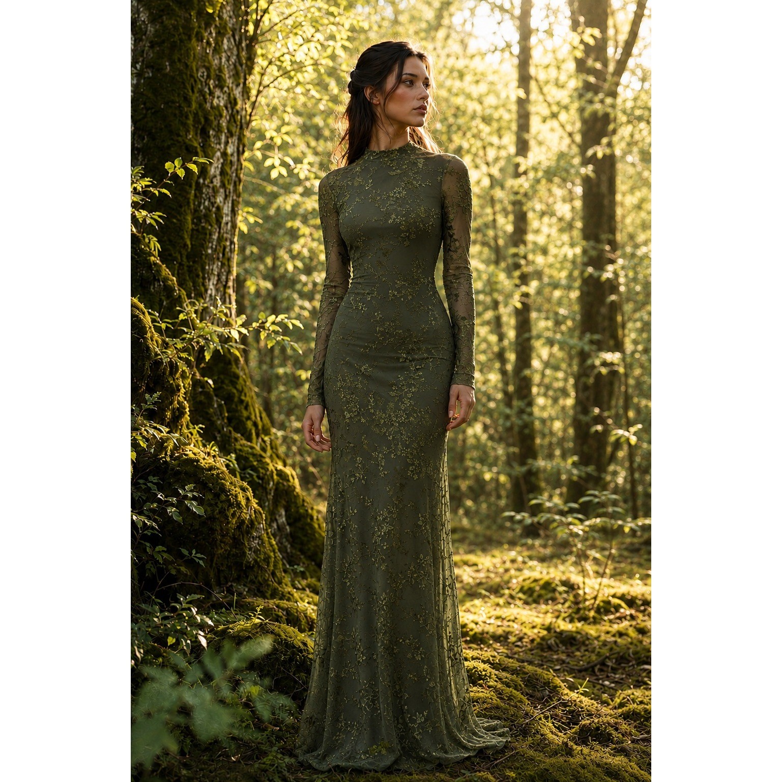 Forest Fairy Maxi Dress XS Green Velvet Burnout Mesh Open Back Sheer Woodland