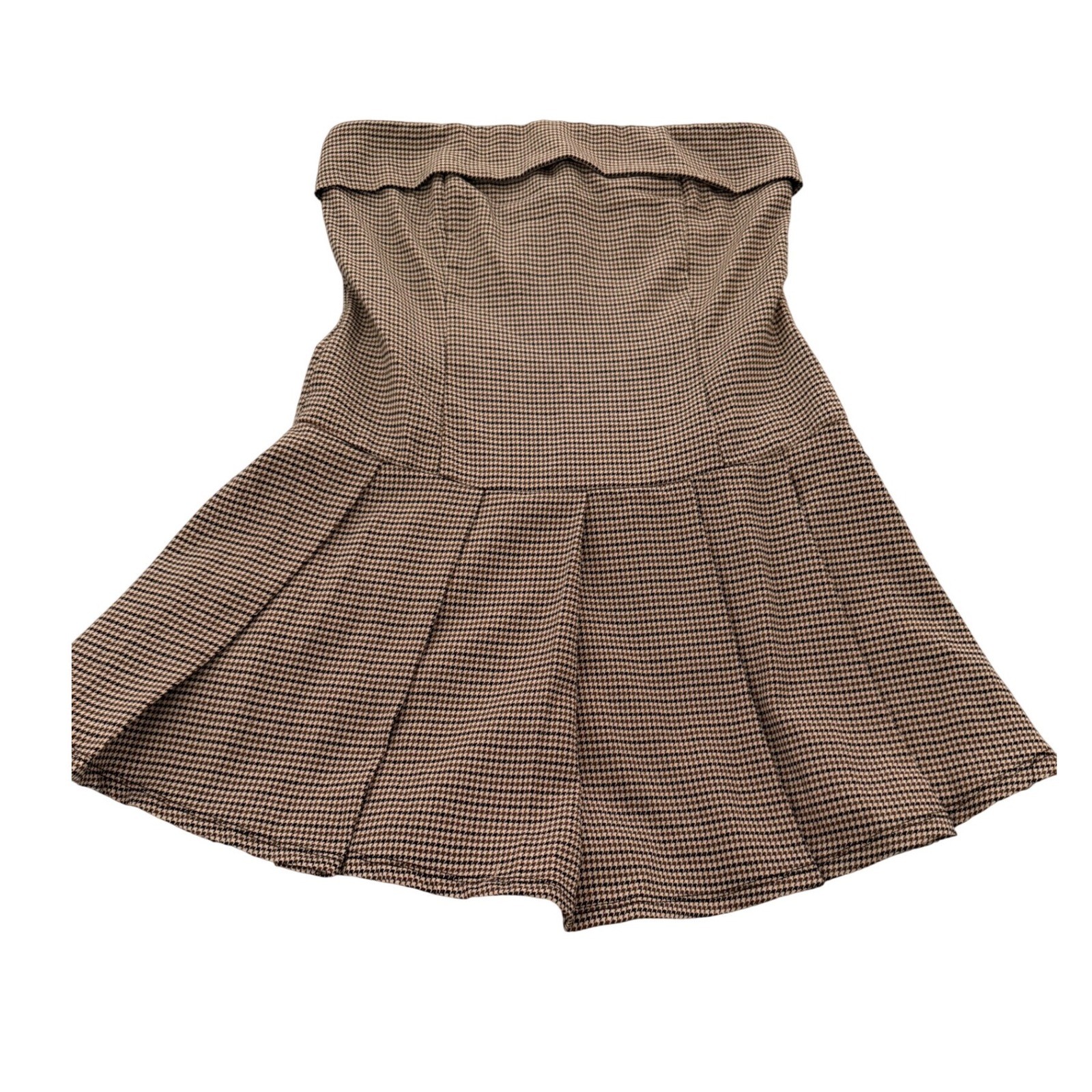 Brown Houndstooth Strapless Mini Dress Pleated Skirt Preppy Academia Dress