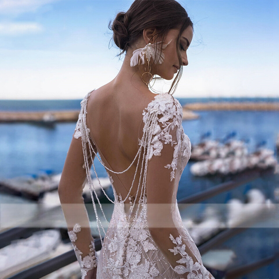 Backless Mermaid Pearls Beaded Wedding Dresses Lace Appliques Women Bride Gown