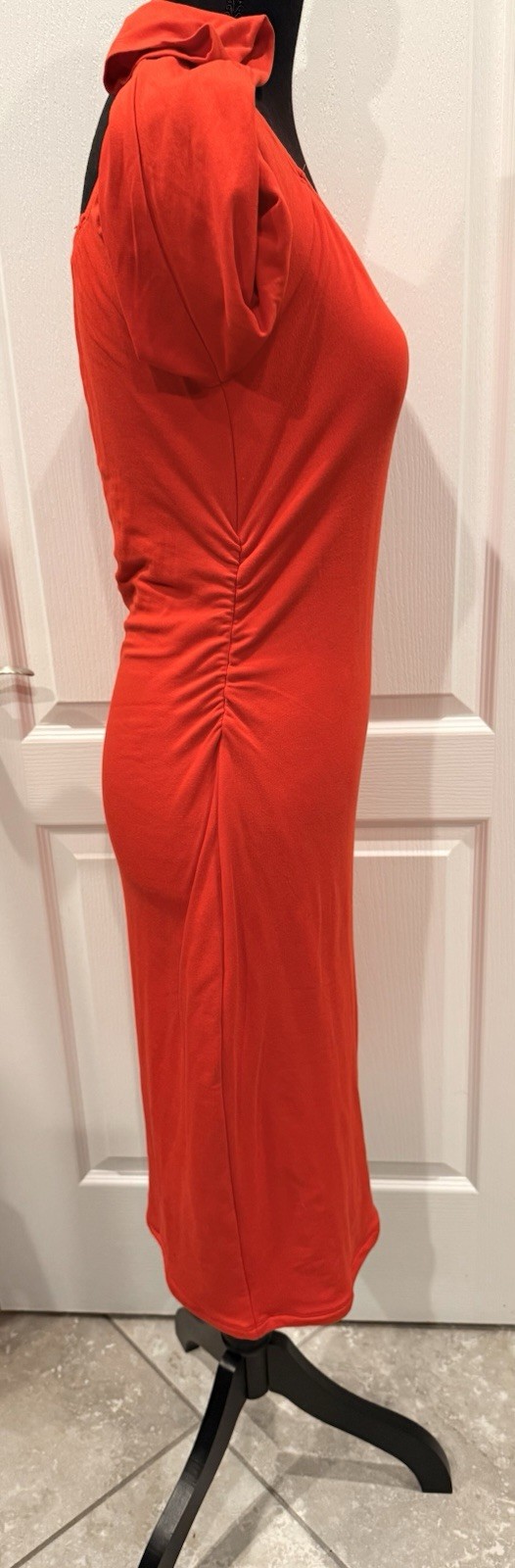 American Dream Red Solid Ruched Jersey Scoop Neck 3/4 Sleeve Bodycon Dress L