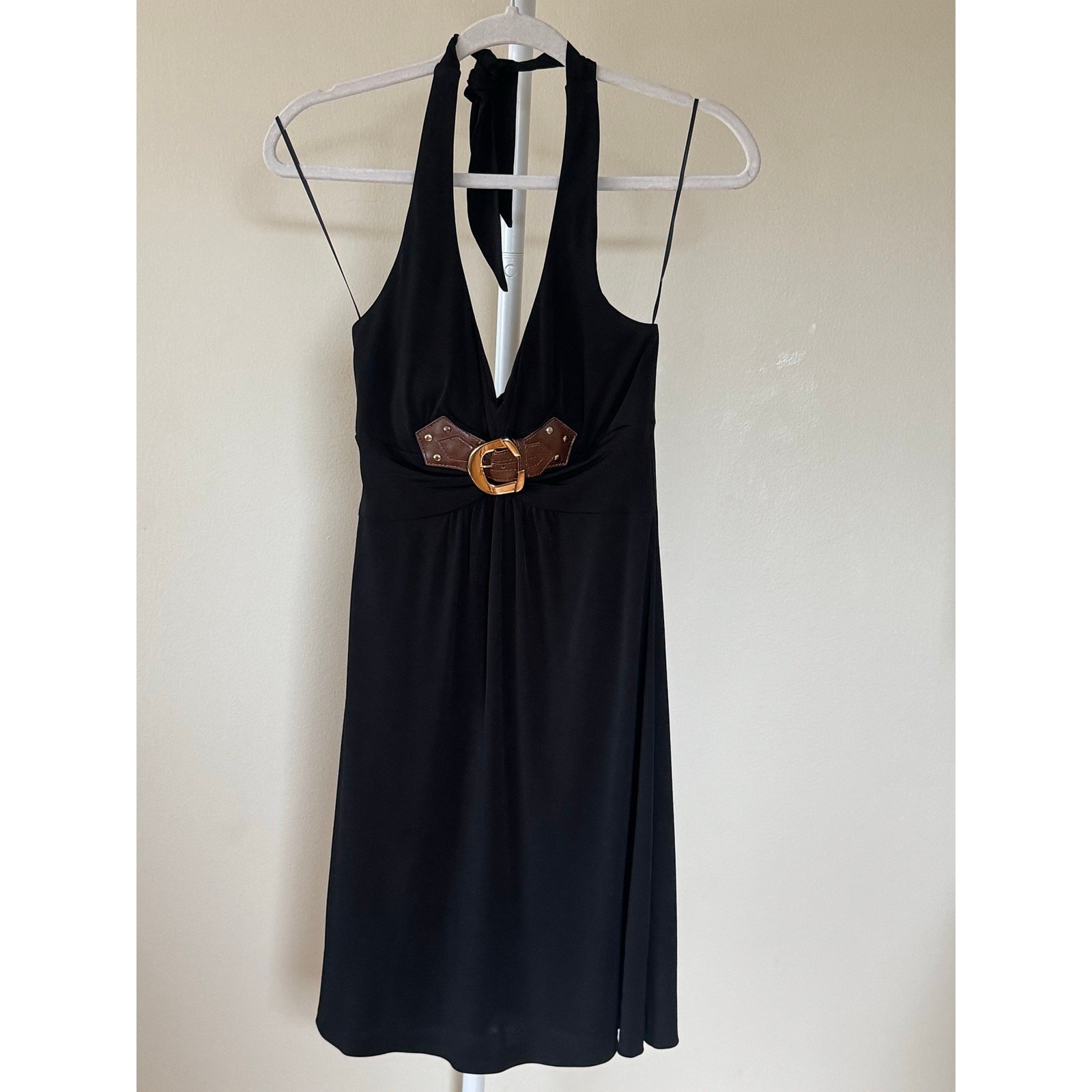 VTG Y2K Cache Brown Belted Black Halter Dress Sz S Whimsigoth Dark Romantic