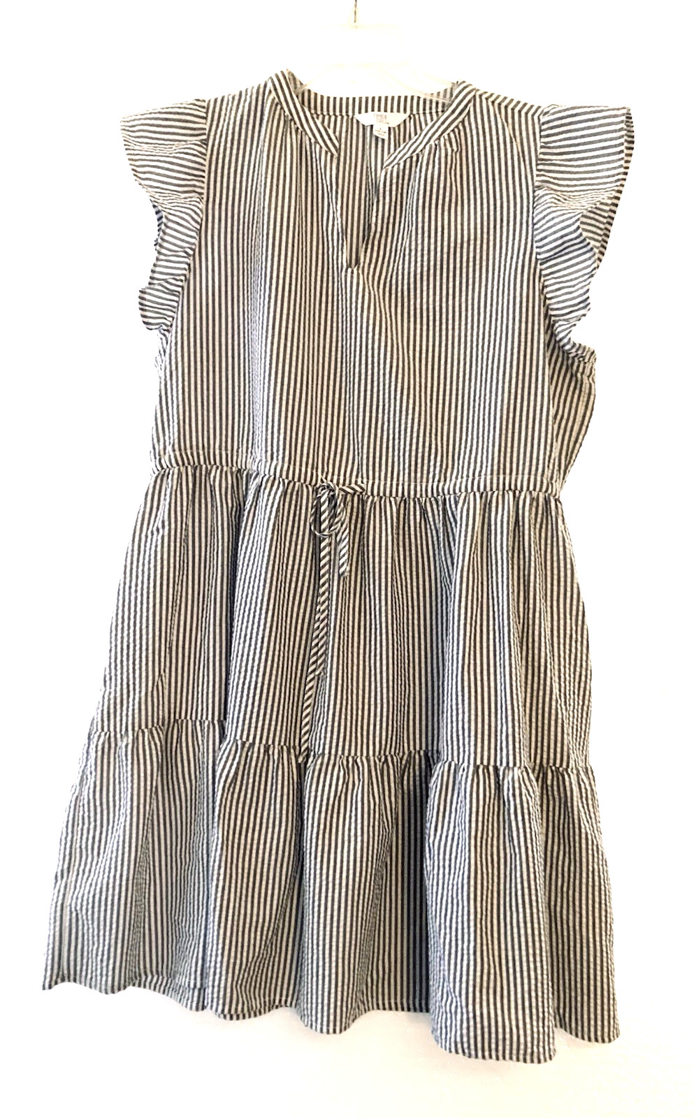 Time And Tru Striped Seersucker Tiered Dress Size L Gray White Drawstring Waist