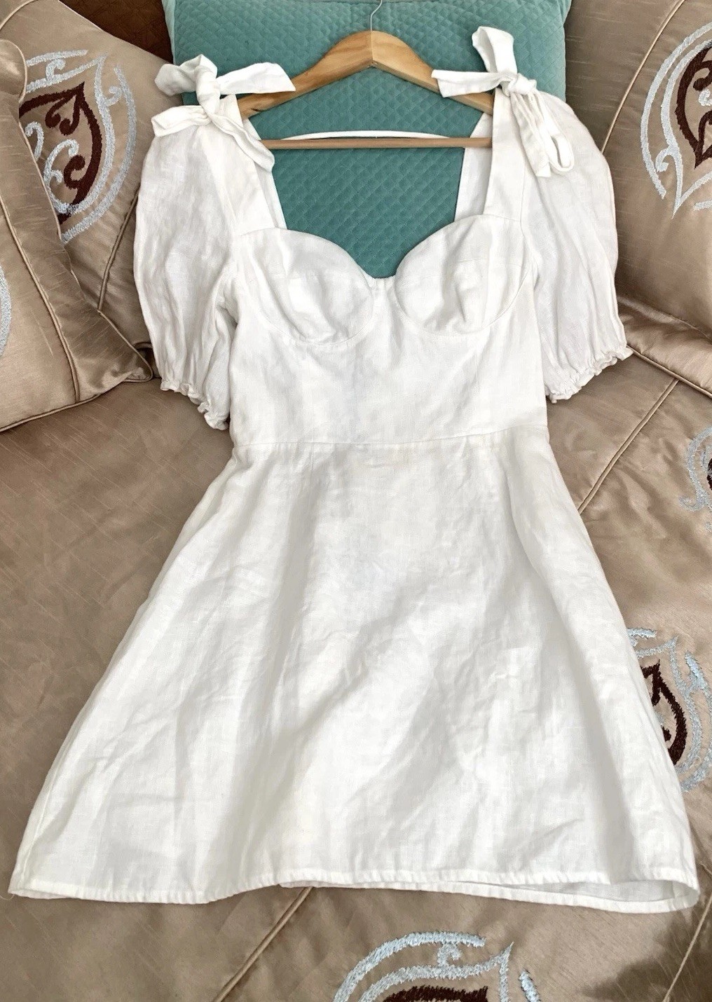Reformation Spring Linen Mini Dress Bow Detail Puff Sleeves White Size 4
