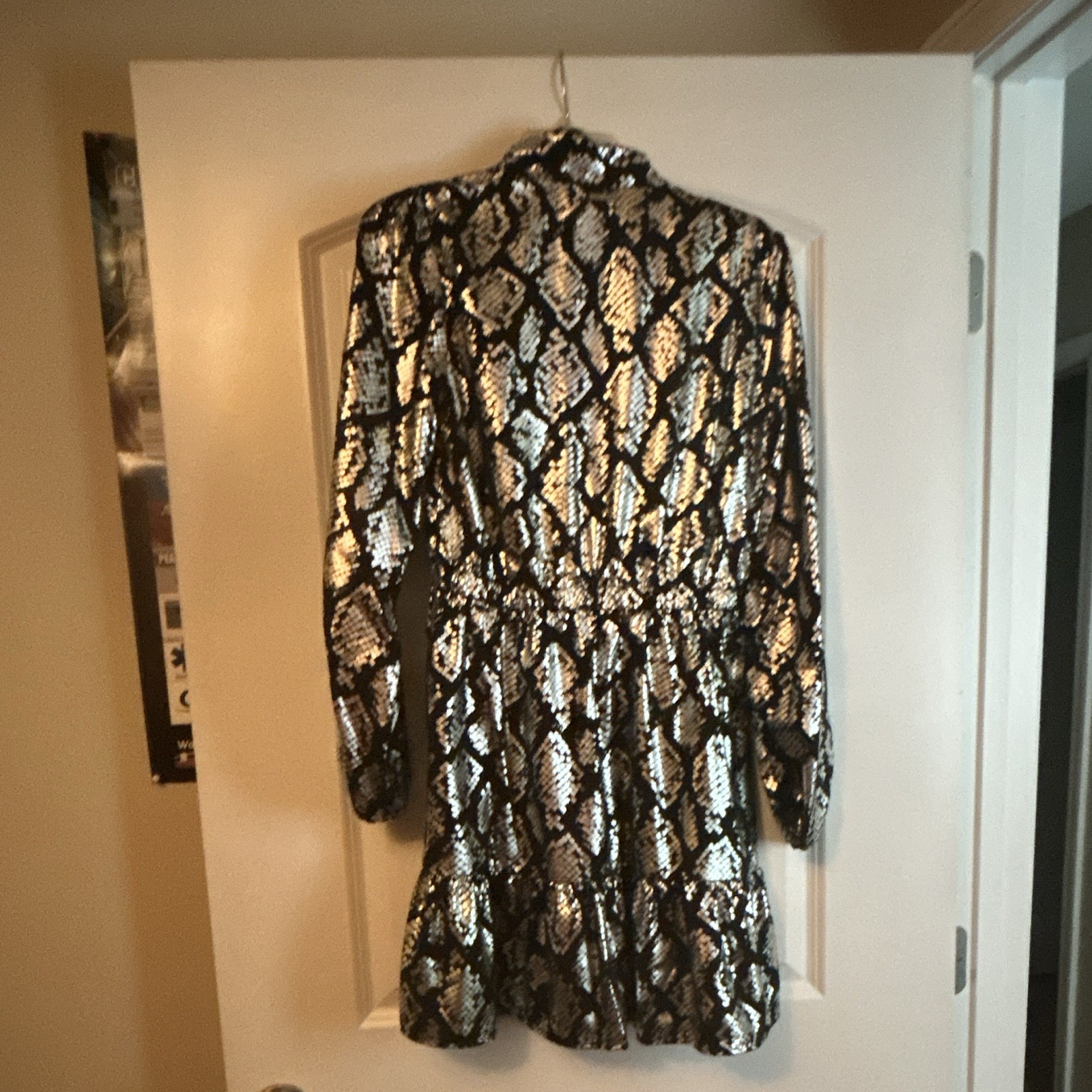 Michael Kors Black/Silver Sequin Animal Print Mini Dress V-Neck Long Sleeve S