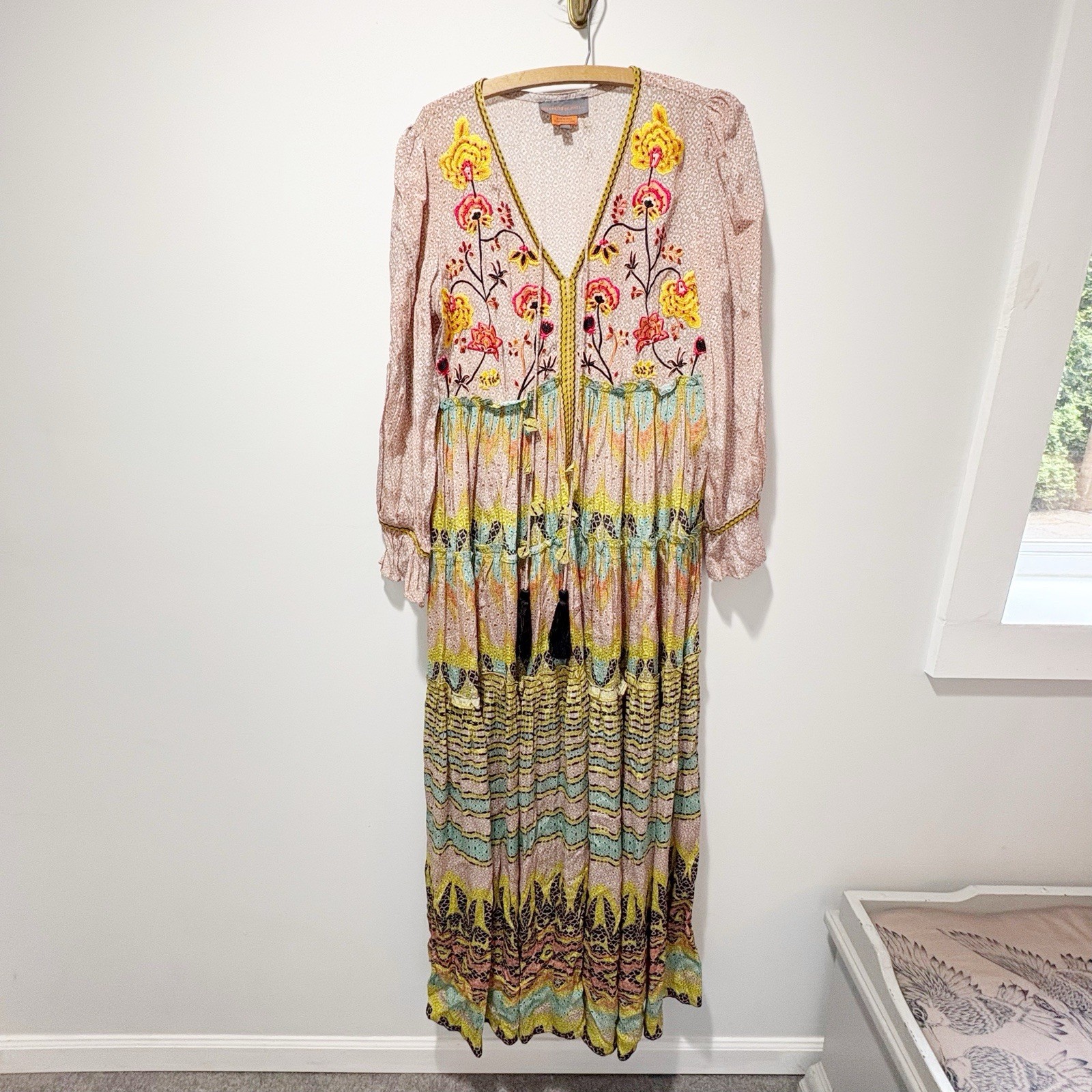 Anthropologie Bhanuni by Jyoti Giorgia Embroidered Maxi Dress Size 4 Tassels