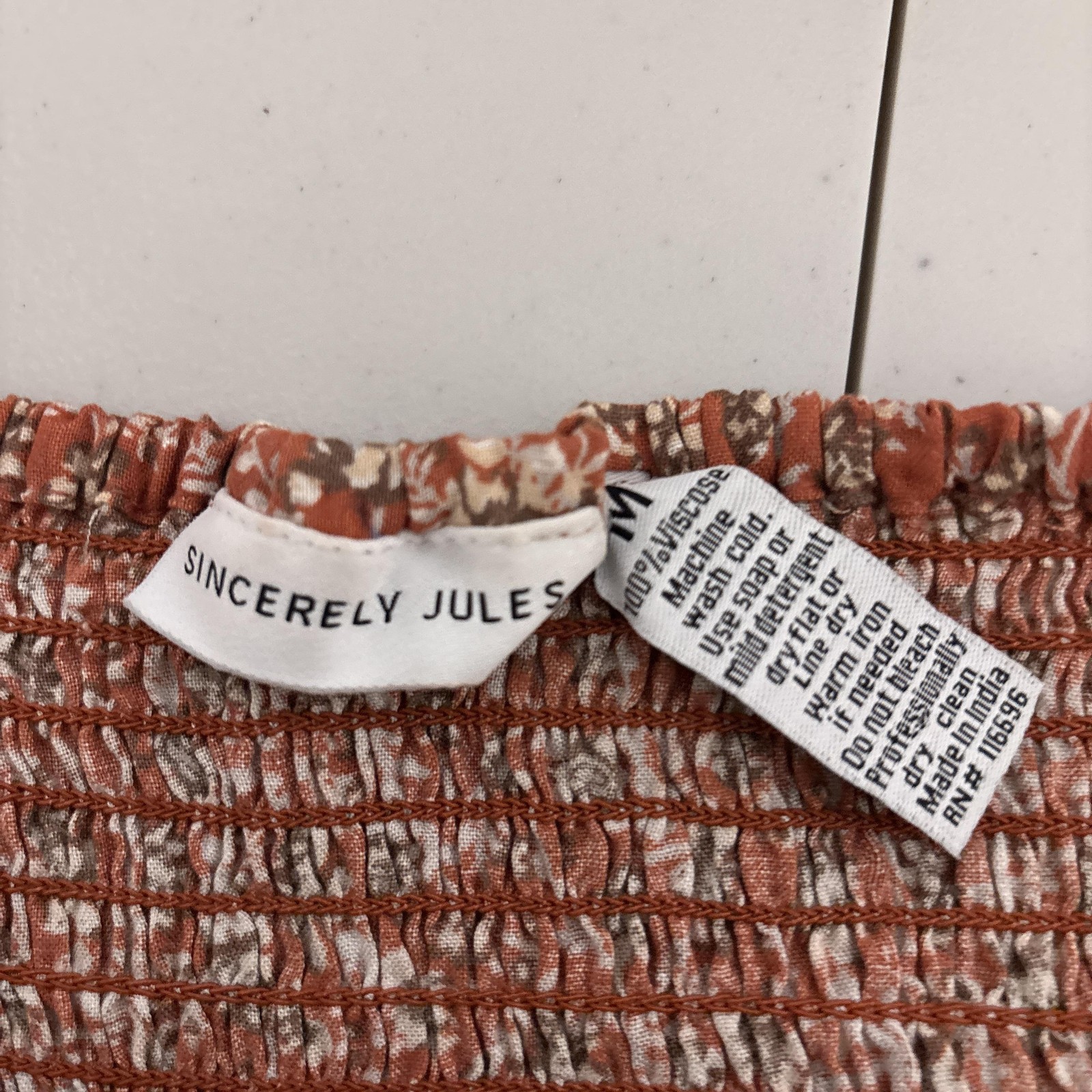 Sincerely Jules Dress M Rust Brown Floral Puff Smocked Midi Boho Cottage Fall