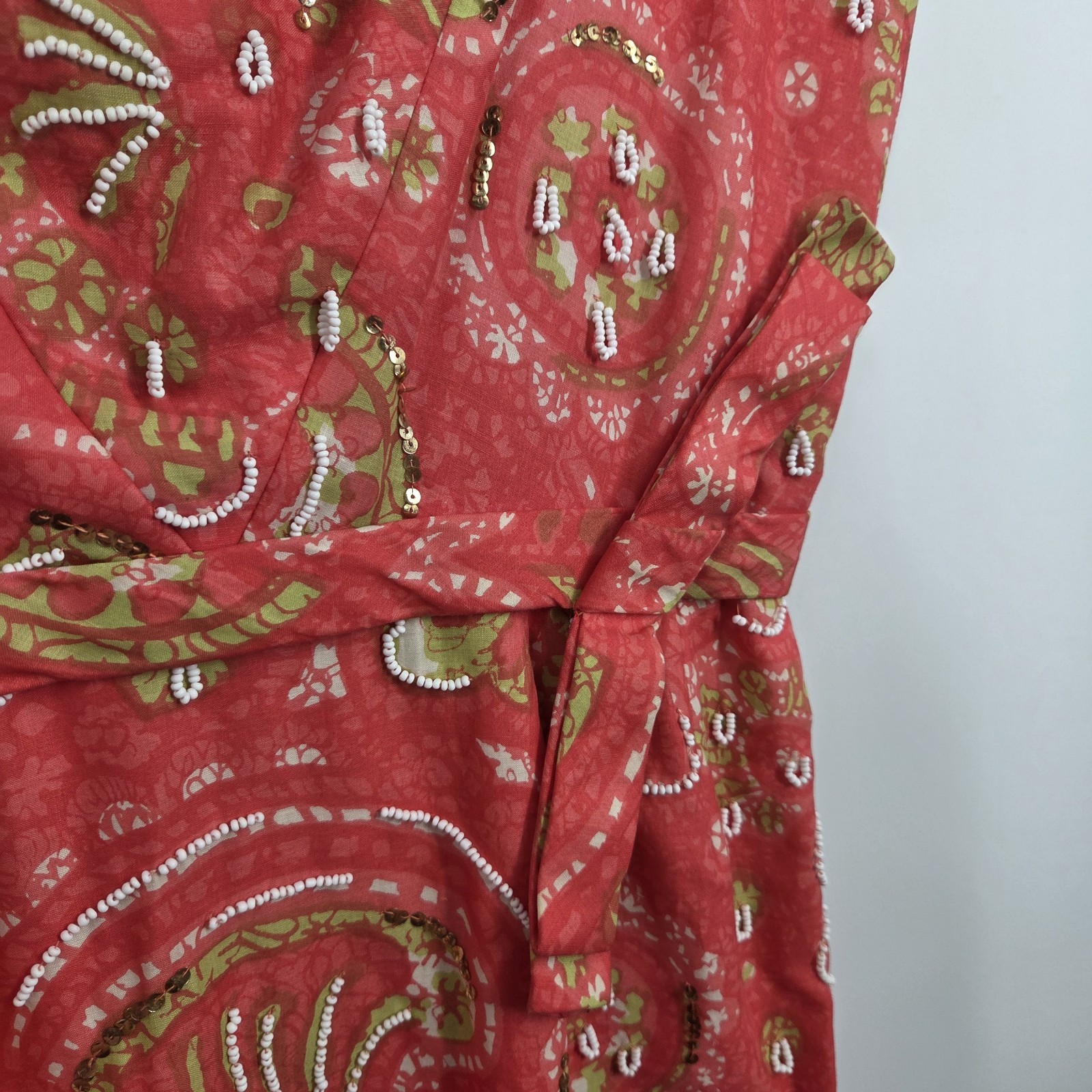 VTG 1960s Handmade Floral Dress with Bow Waist Fully Lined MadMen Beaded Wiggle