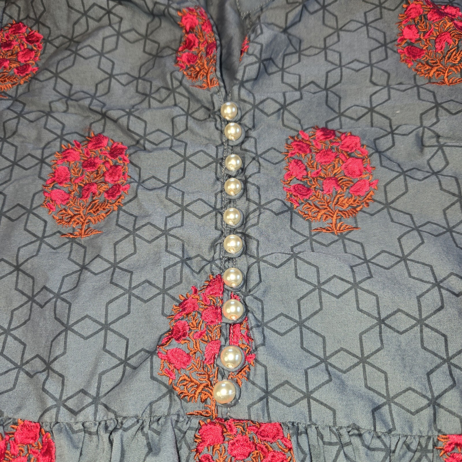 Beechtree Dress with Embroidered Trees and Pearl Button Size 8