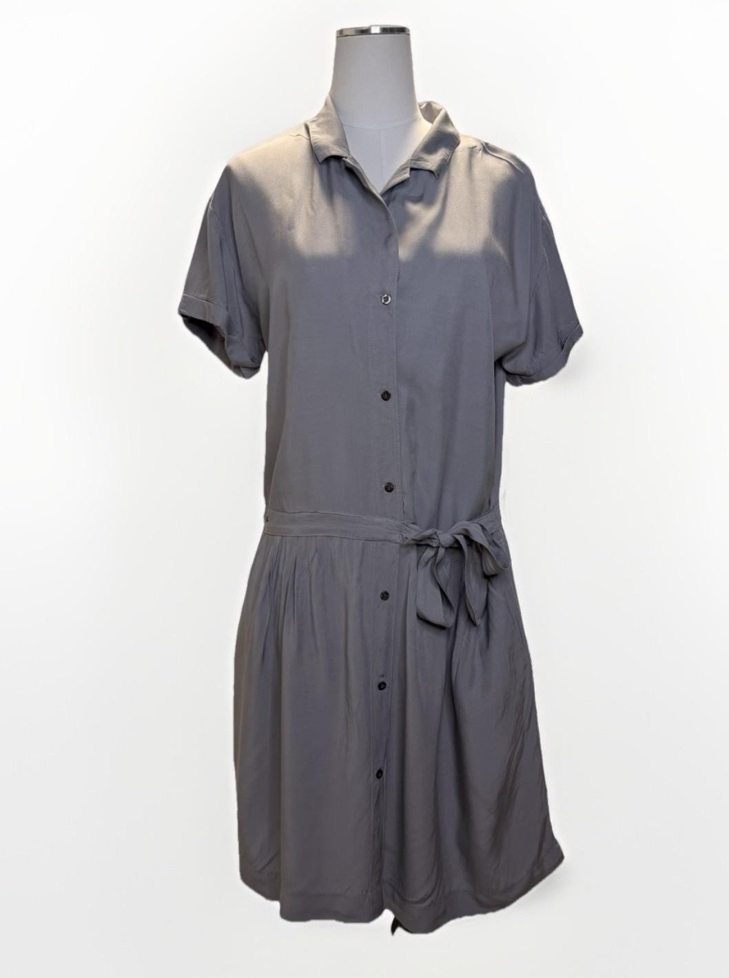 IKKS Dress Womens 38 Gray Short Sleeve Button Front Shirt Tie Waist Casual