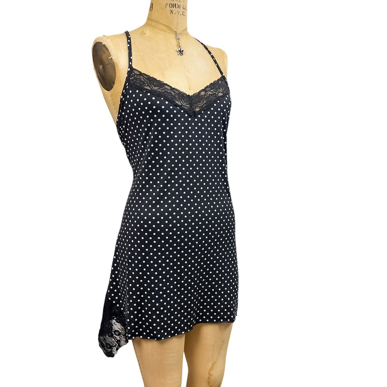 Y2K Polka Dot Mini Slip Asymmetrical Lace Hem Dark Coquette Babydoll Size M