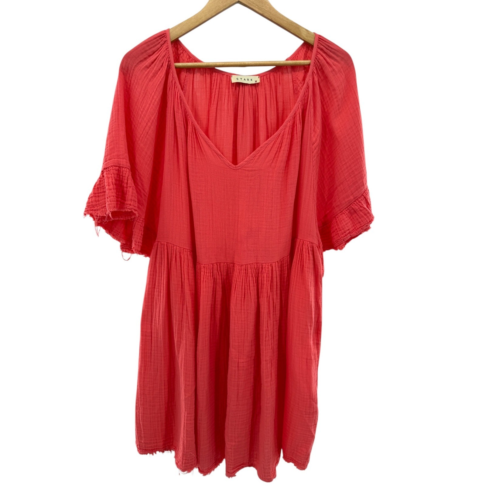 STARK X Coral Gauze Cotton Ruffled Sleeve Tiered Mini Dress M Made in USA