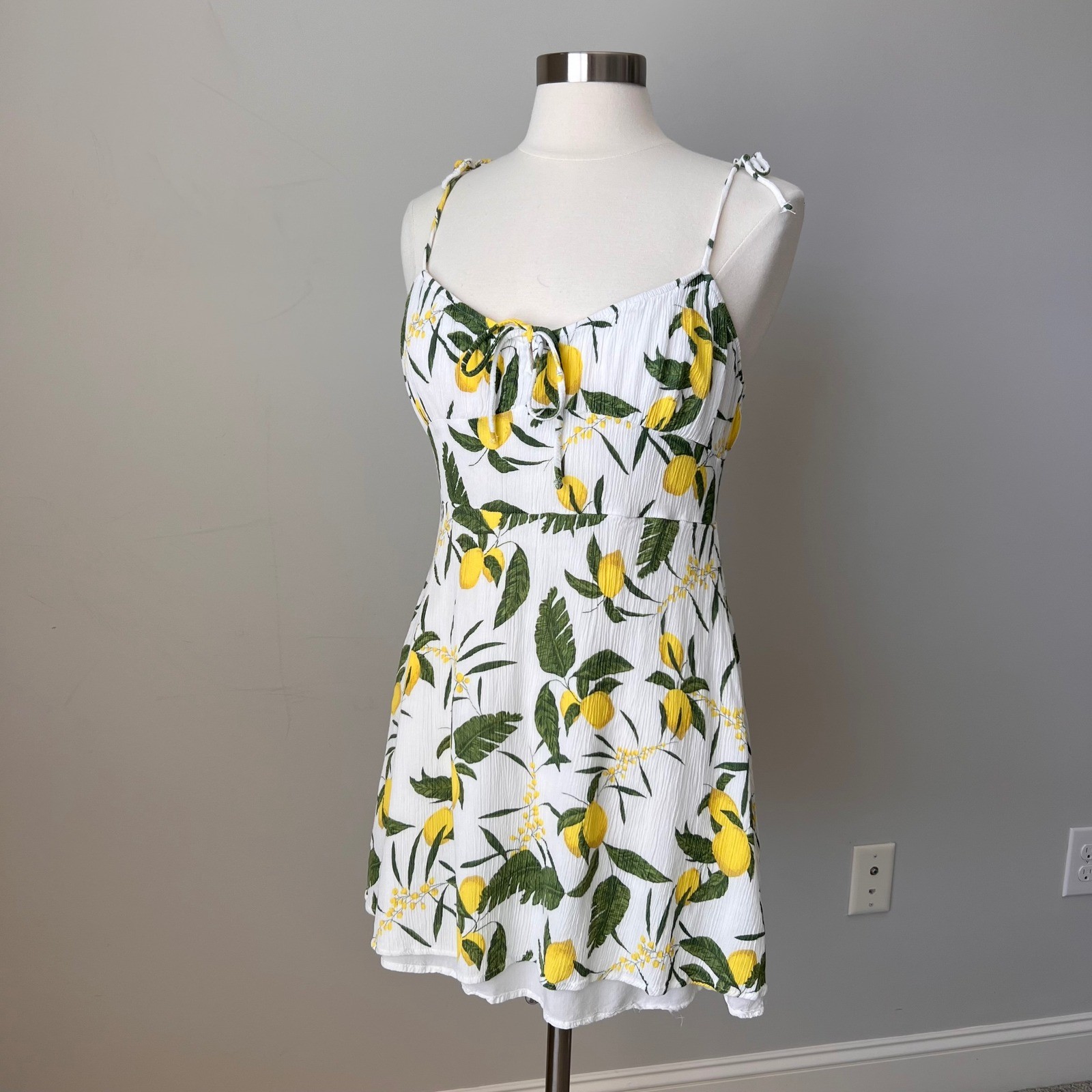 Pull&Bear Lemon Print Sweetheart Mini Dress White Yellow Green XL 9390/316/250