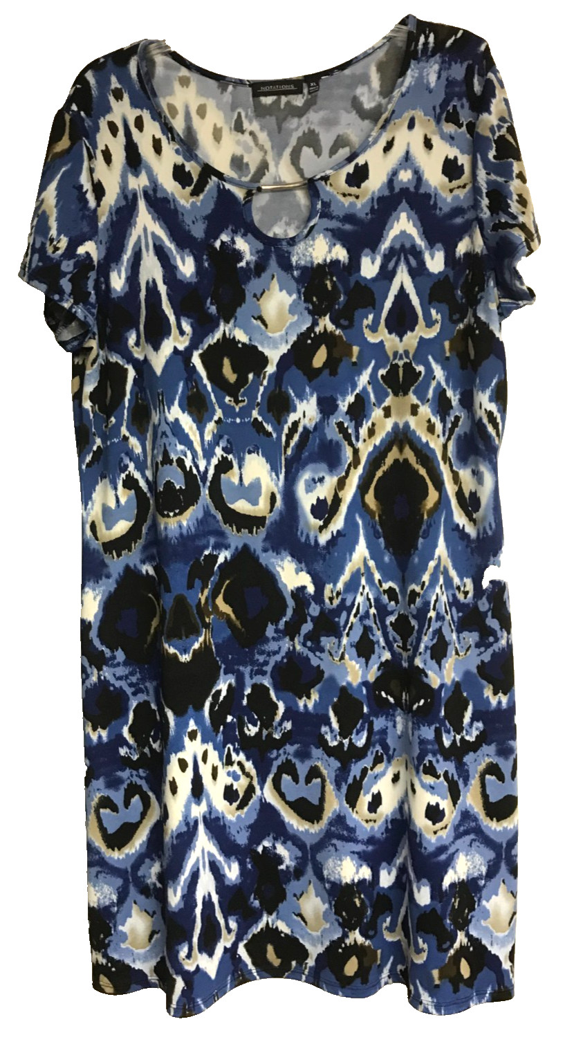Notations XL Keyhole Blue Abstract Print Dress Short Sleeve Stretch Non-iron