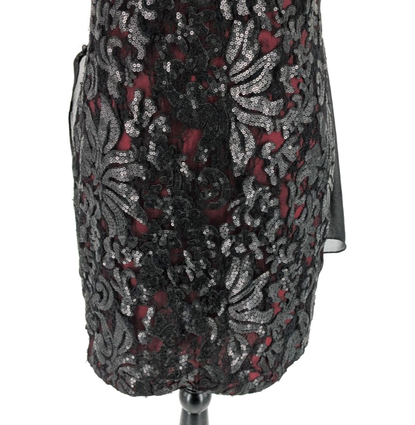 CACH’E Formal Dress Size 12 Black Sequins over Red Lining NWT